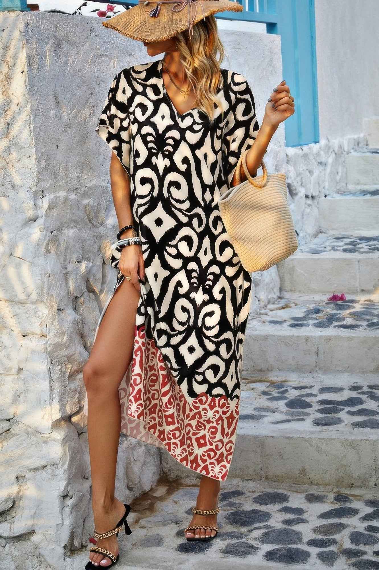 New Arrival – Random Printed V Neck Split Loose Dress – New Arrival Now Live