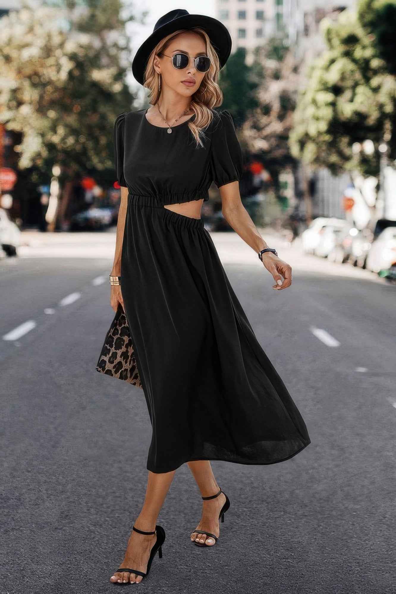 Solid Round Neck Cutout Waist A Line Midi Dress – New Arrival Now Live