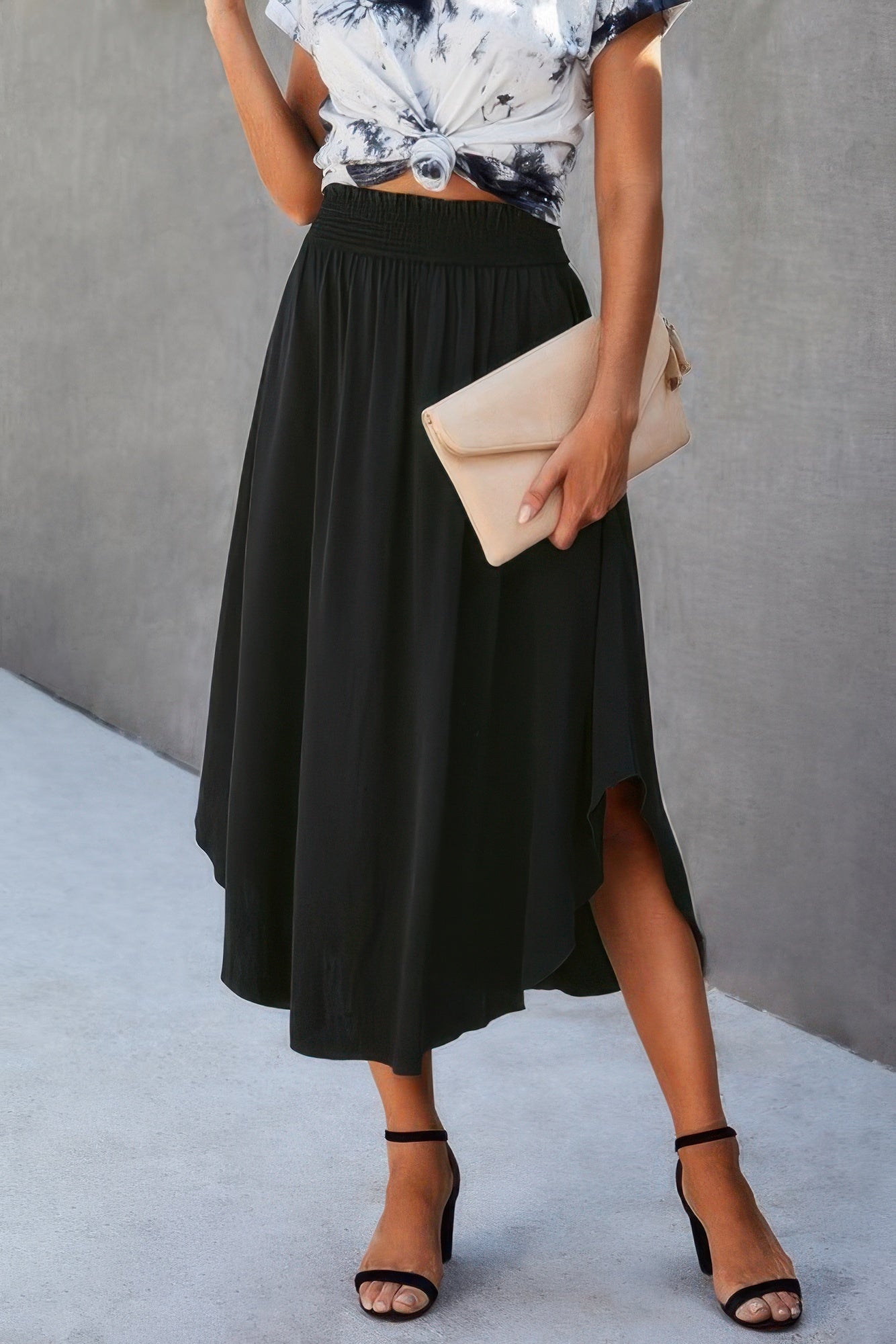 Solid Shirred Waist Asymmetrical Hem Flared Skirt – New Arrival Now Live