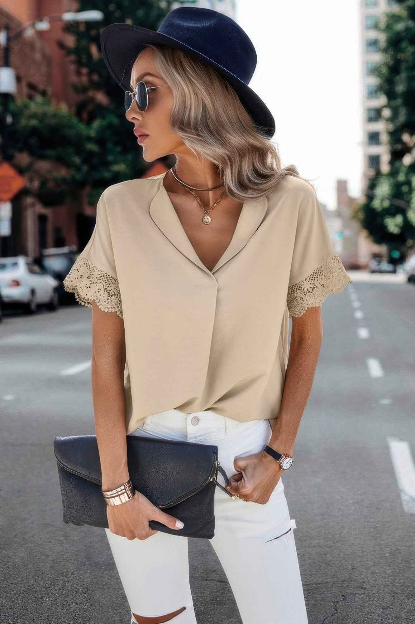 Solid Lace Trim Sleeve V Neck Fit Blouse – New Arrival Now Live