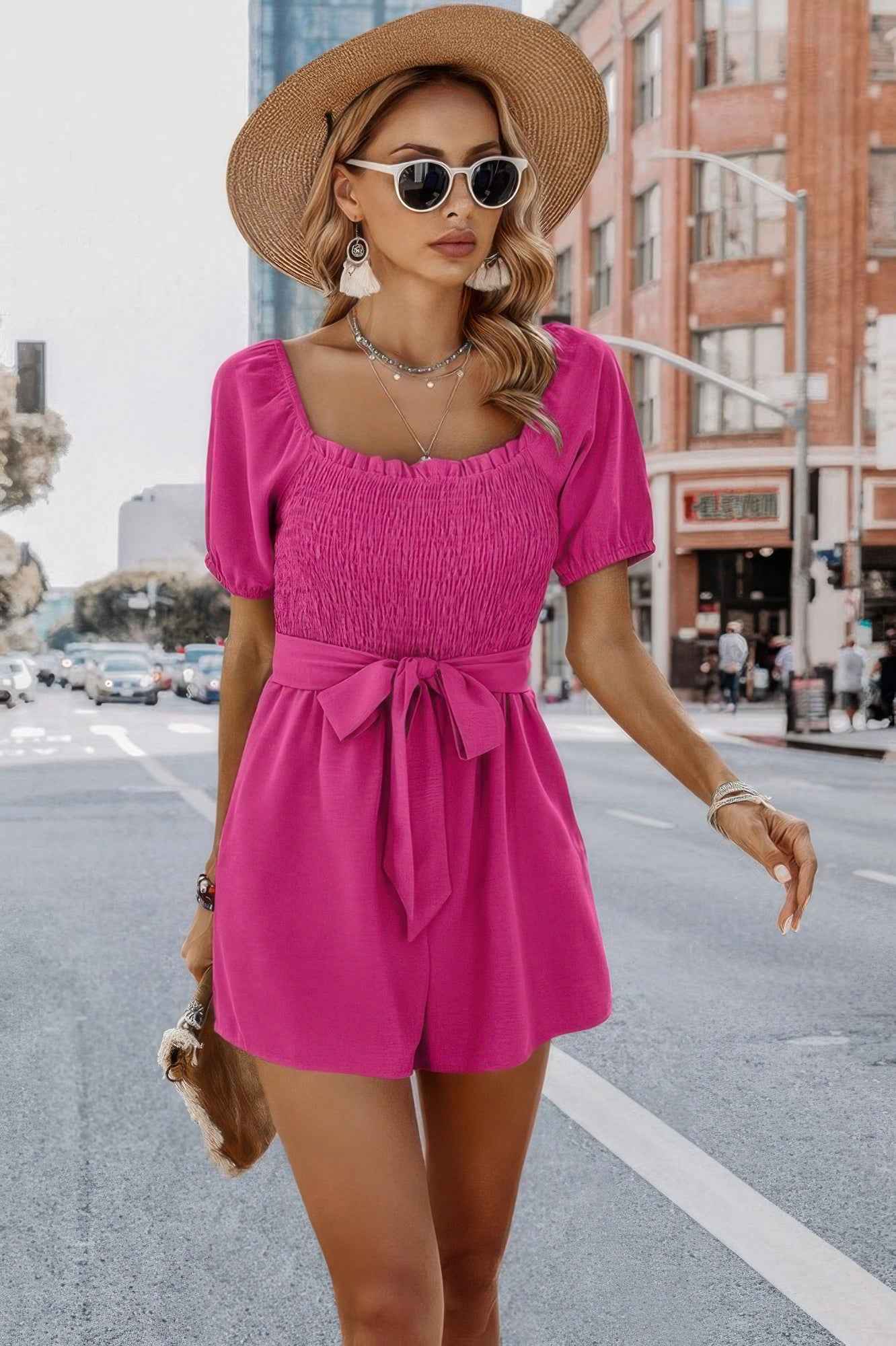 New Arrival – Solid Smocked Square Neck Waist Tie Romper – New Arrival Now Live