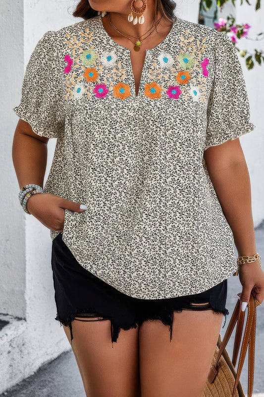 Plus Boho Flower Decoration Loose V Neck Shirt – New Arrival Now Live