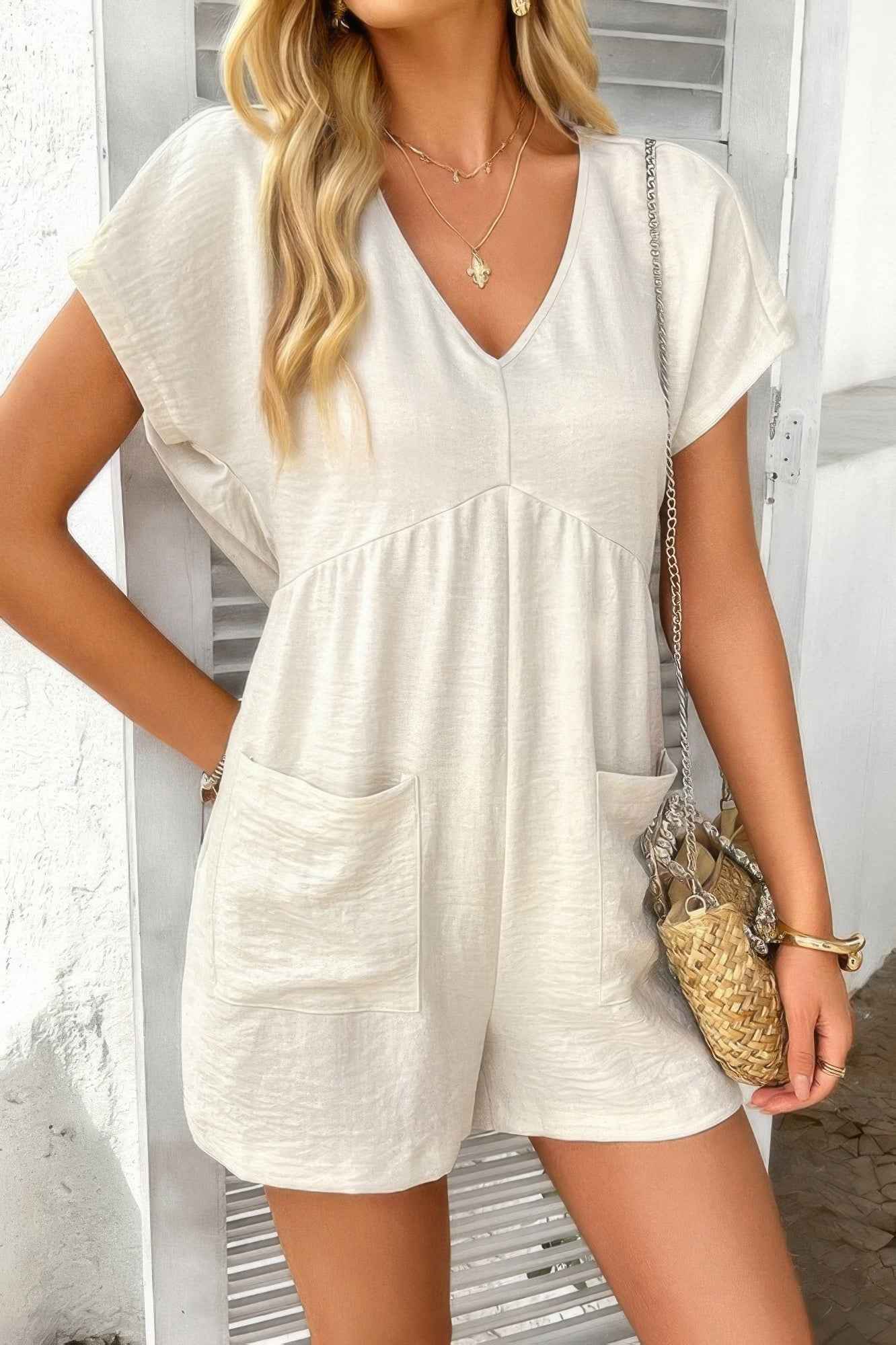 New Arrival – Solid Deep V Neck Drop Shoulder Loose Pockets Romper – New Arrival Now Live