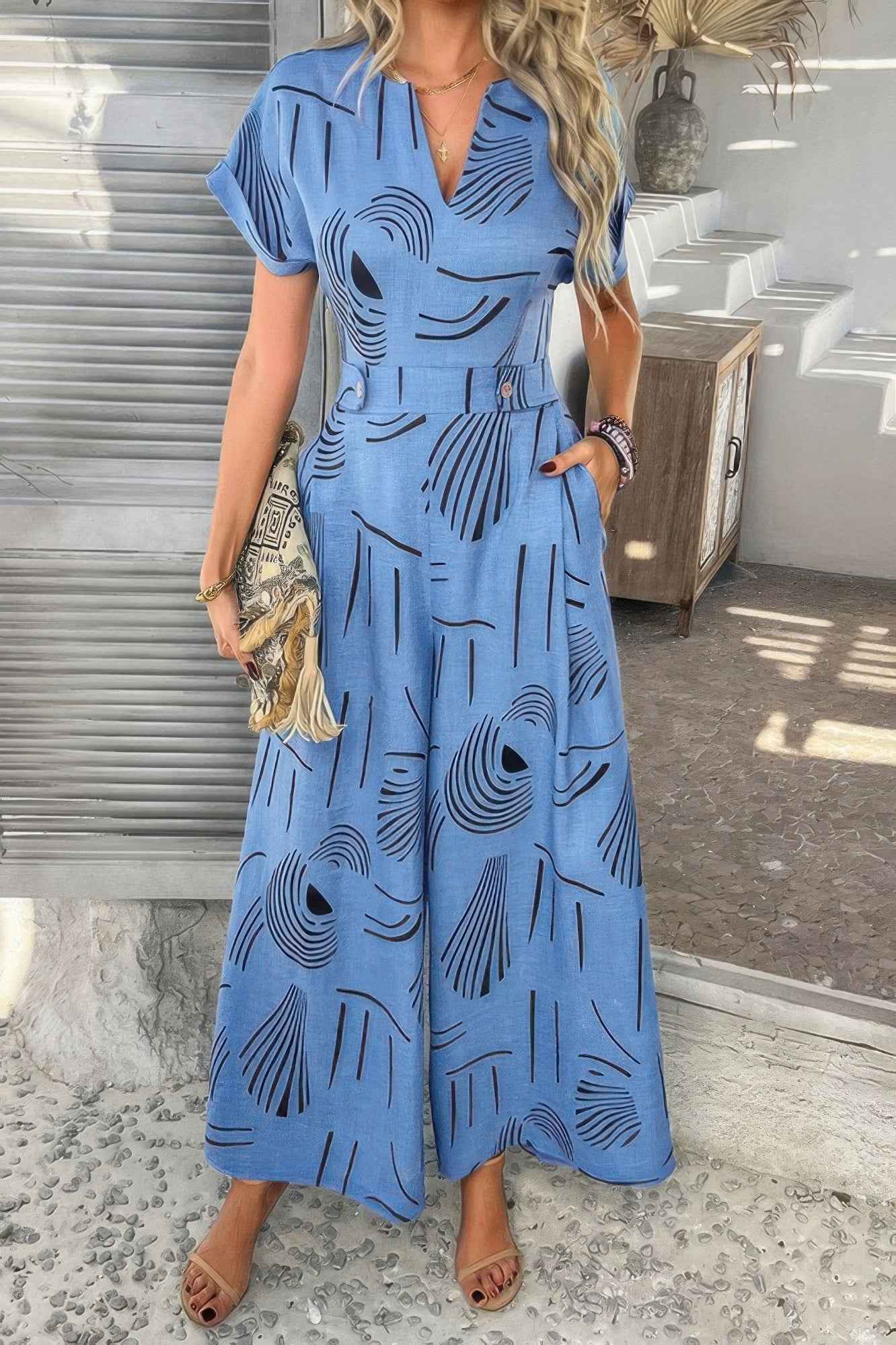 New Arrival – Allover Print V Neck Tie Waist Pockets Jumpsuit – New Arrival Now Live