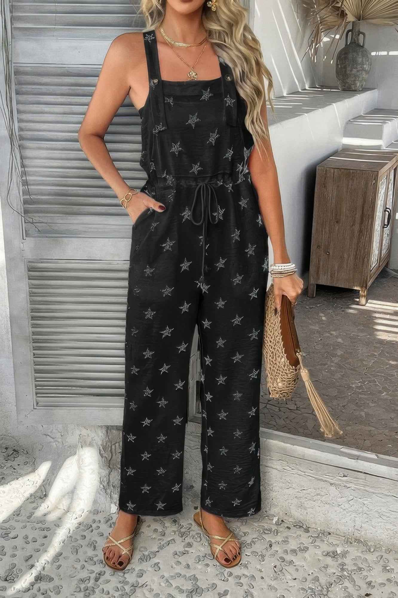 New Arrival – Star Print Button Tie Pockets Drawstring Jumpsuit – New Arrival Now Live