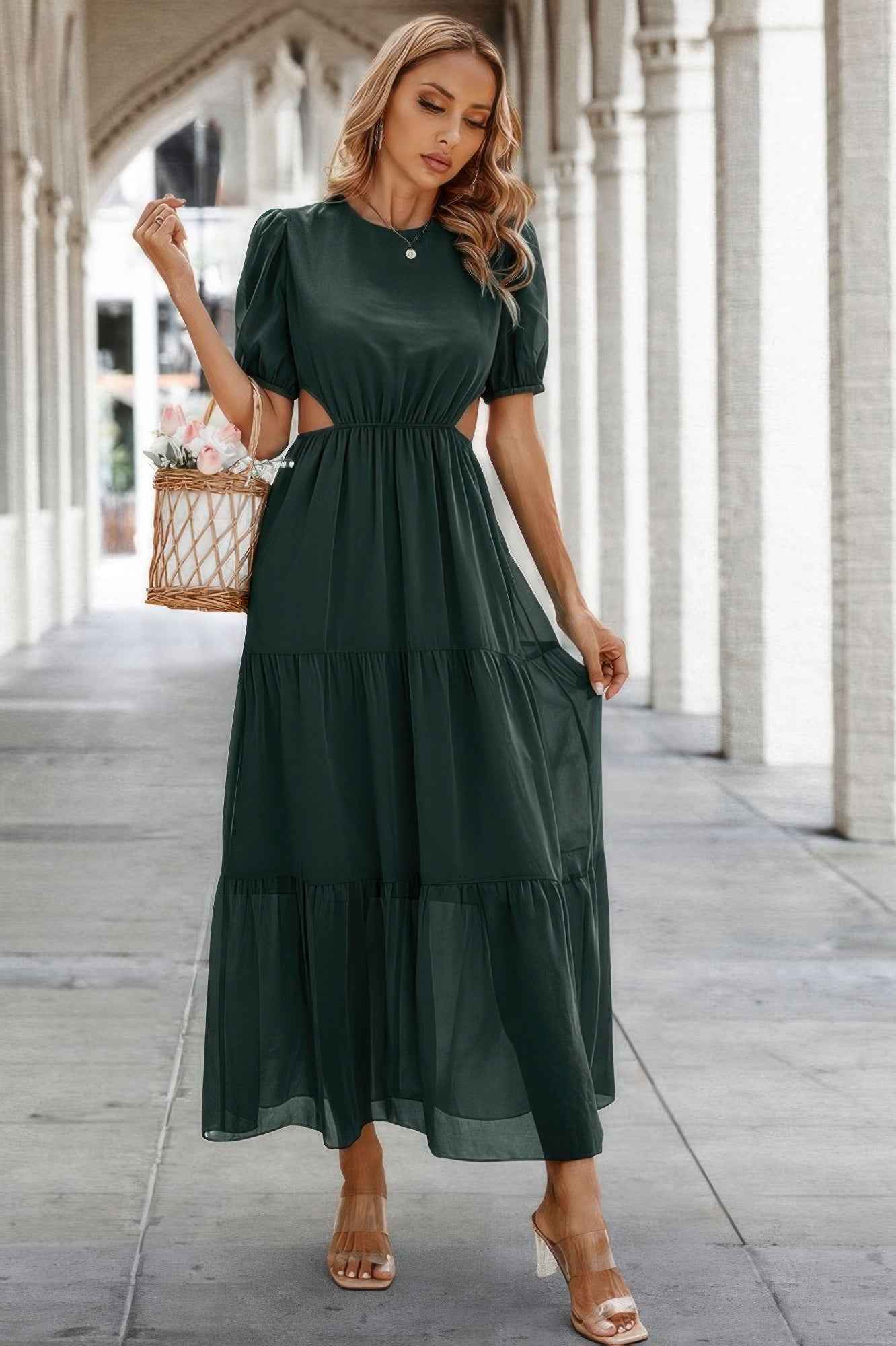 New Arrival – Cut Out Waist Ruffle Hem Puff Sleeves Fit Dress – New Arrival Now Live