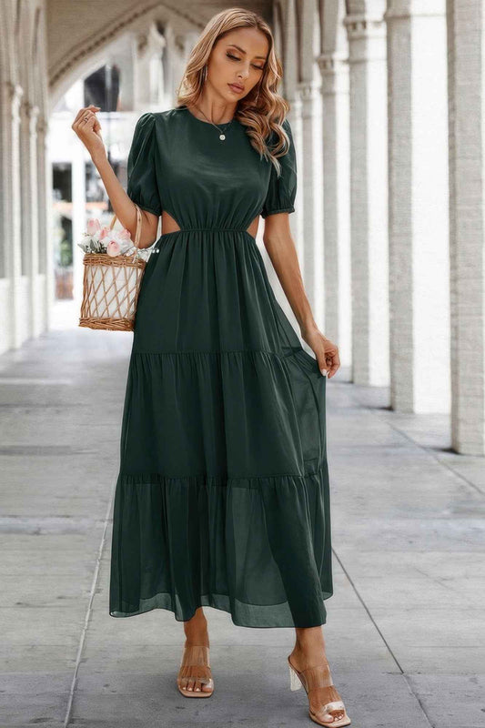 New Arrival – Cut Out Waist Ruffle Hem Puff Sleeves Fit Dress – New Arrival Now Live