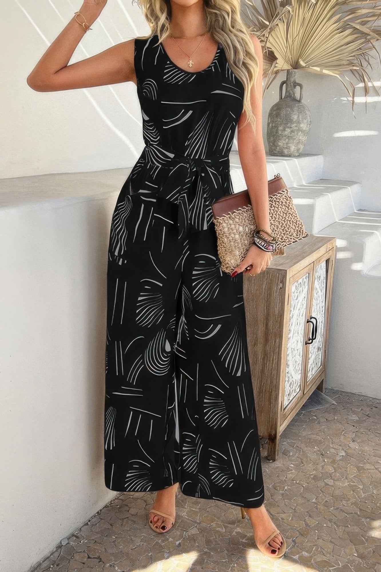 New Arrival – Allover Print Sleeveless Wide Leg Tie Waist Jumpsuit – New Arrival Now Live