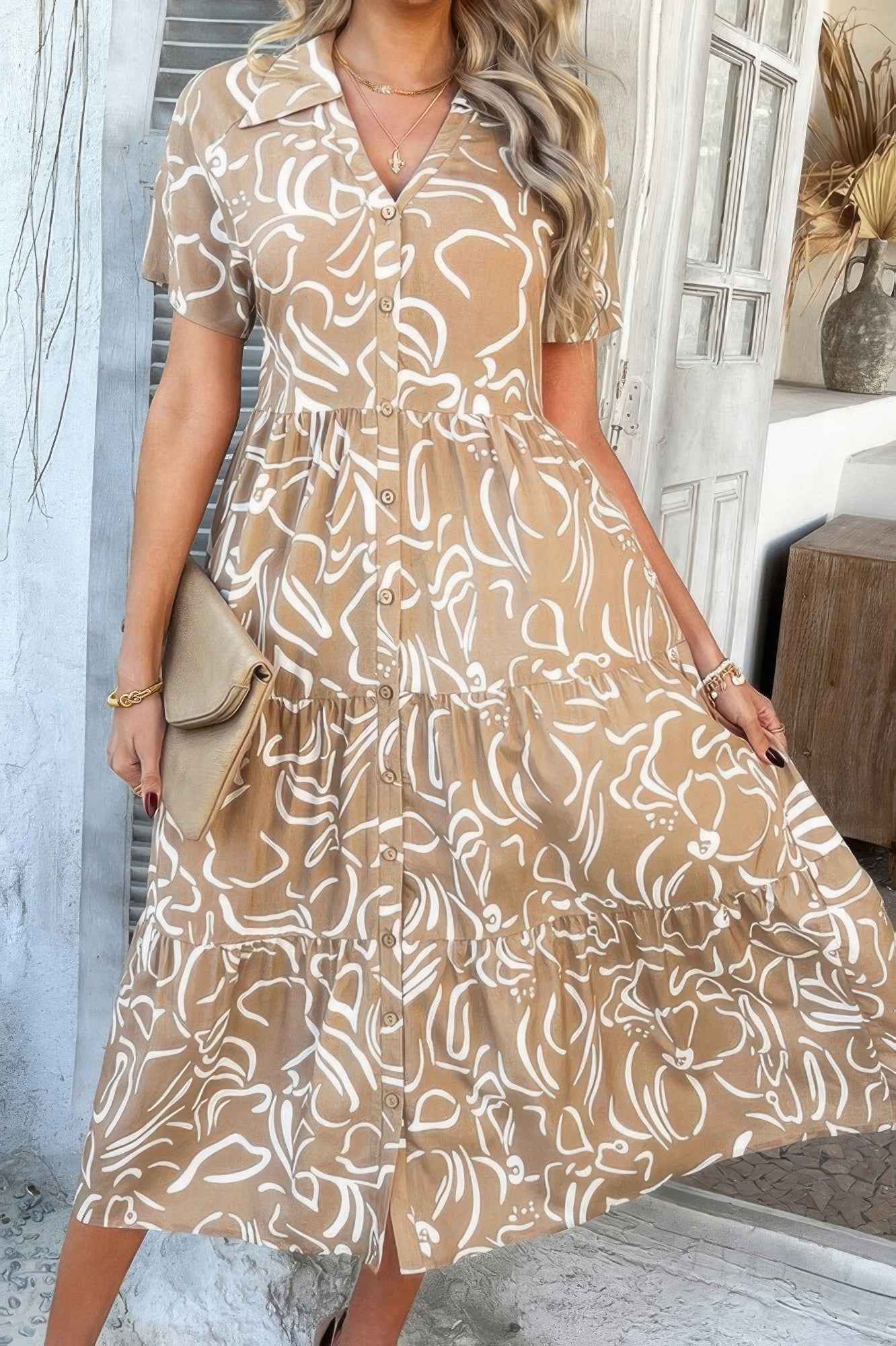 New Arrival – Allover Printed Button Down Ruched Long Dress – New Arrival Now Live