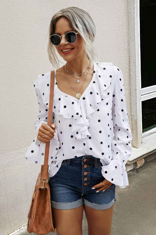 New Arrival – Polka Dots Long Sleeve V Neck Ruffled Shirt – New Arrival Now Live
