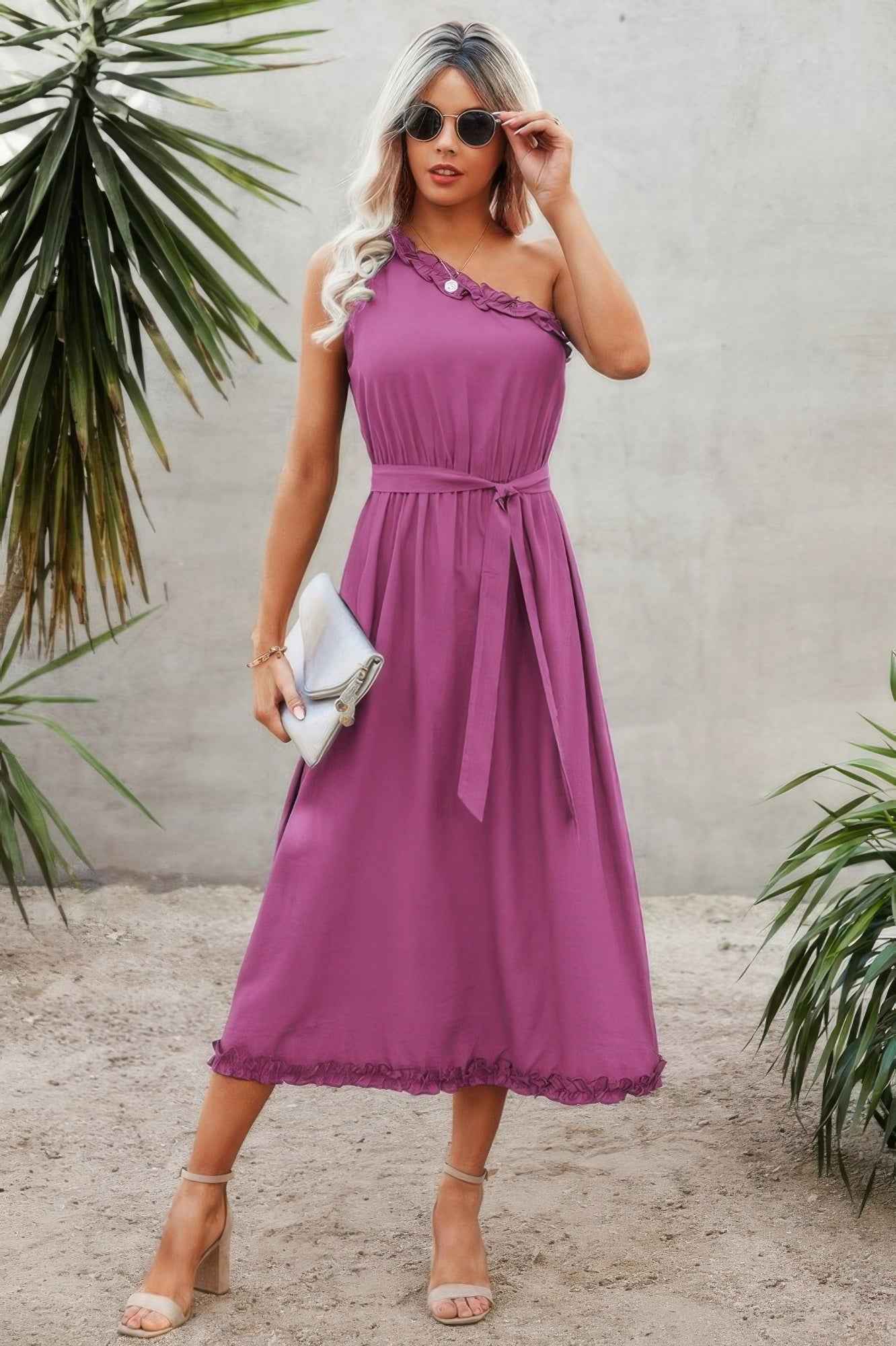 New Arrival β Plus Size Solid One Shoulder Ruffle Hem Belt A Line Dress β Stylish & Comfortable β New Arrival Now Live