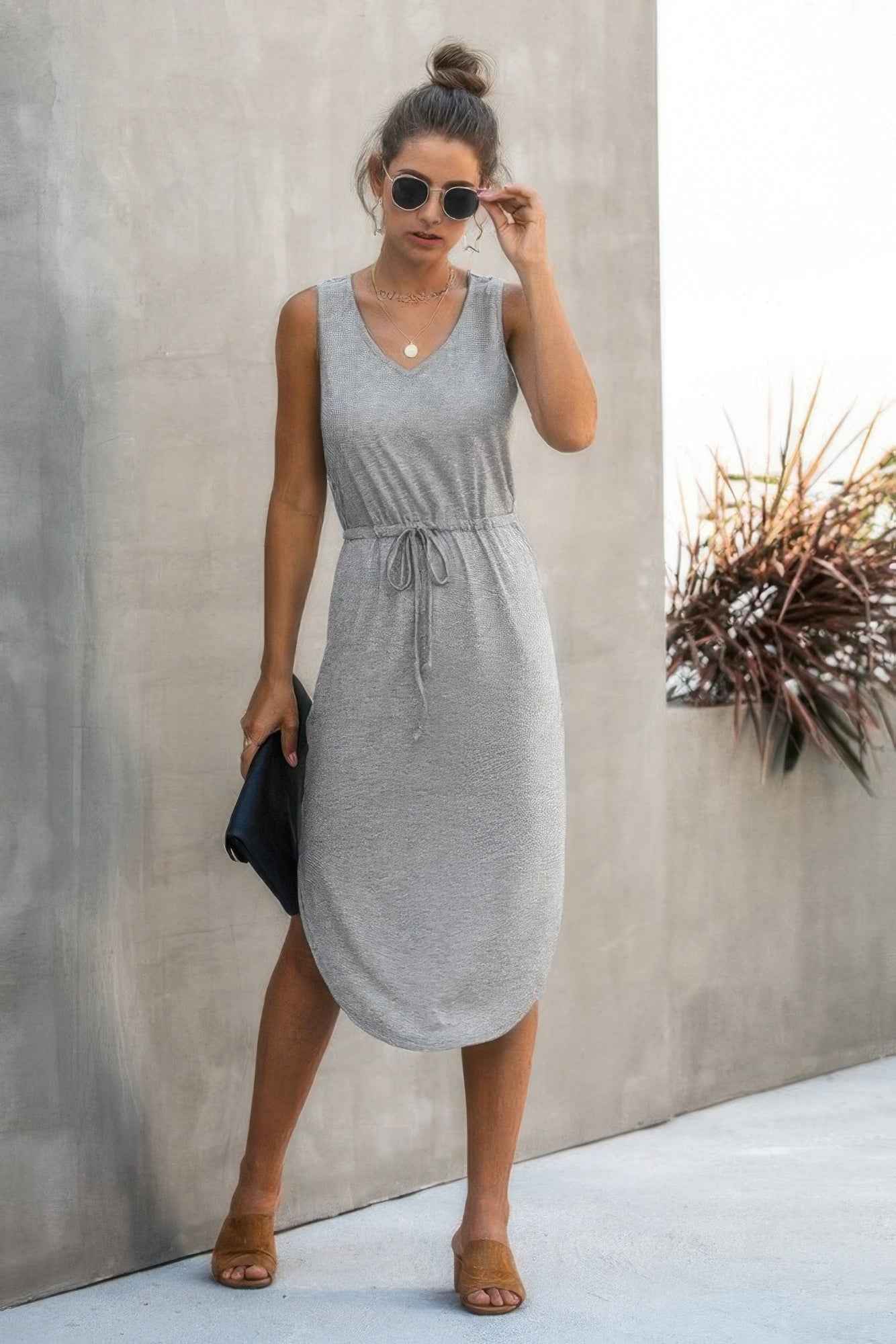 New Arrival – Plus Size Solid Sleeveless Slim Waist V Neck Midi Dress – Stylish & Comfortable – New Arrival Now Live