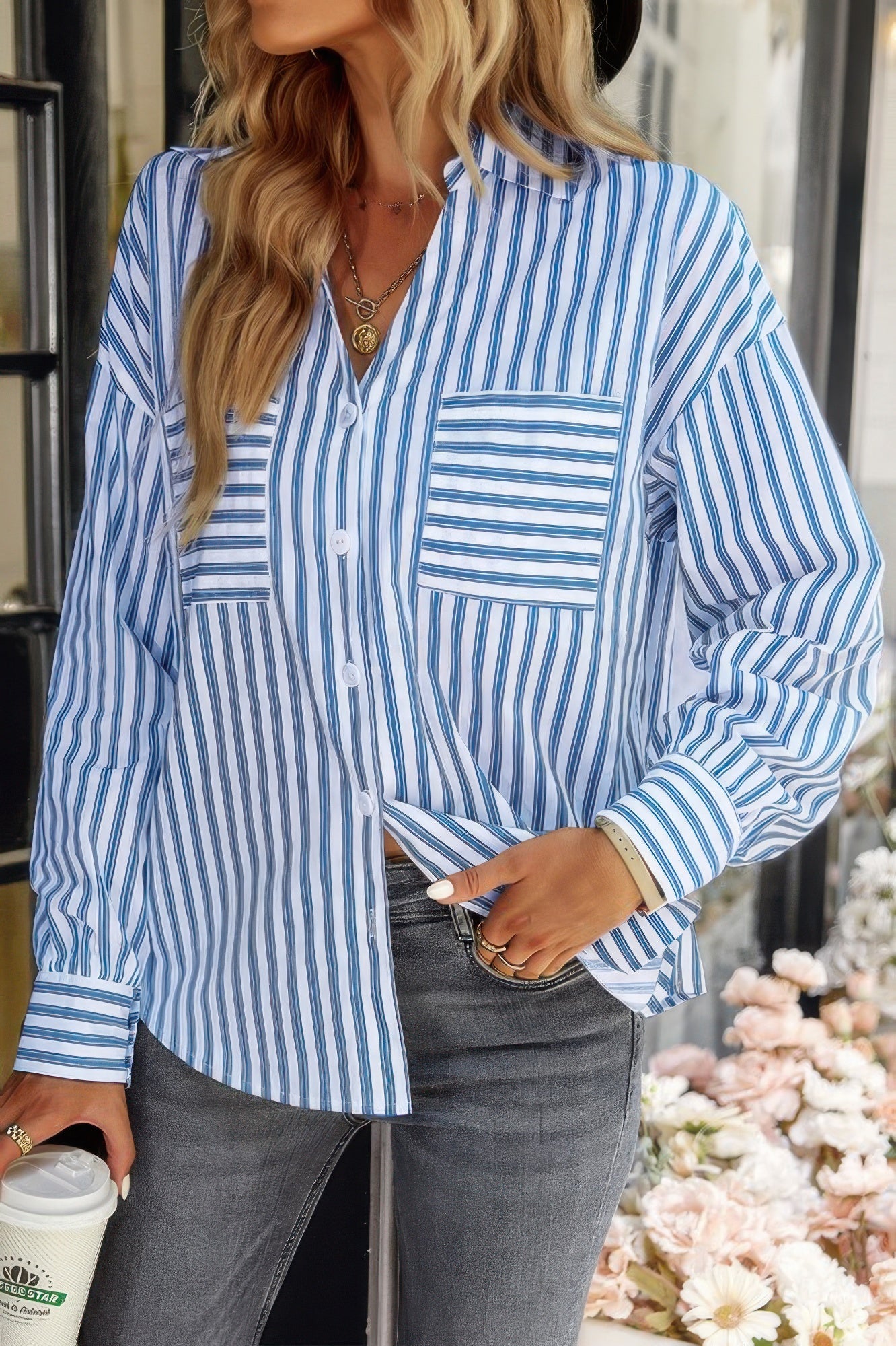V Neck Striped Button Down Pocket Long Sleeve Blouse – New Arrival Now Live