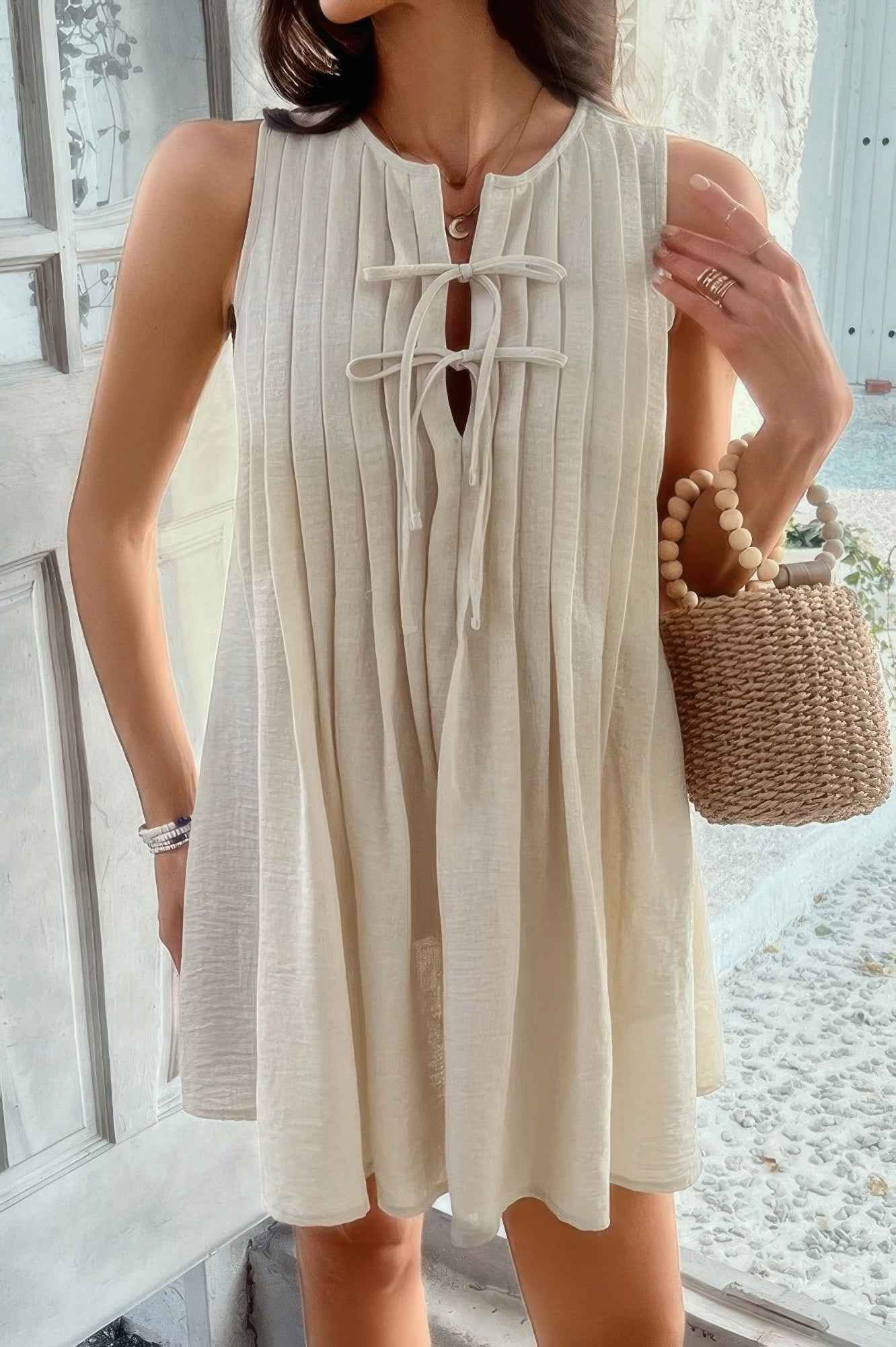 New Arrival – Solid Tie Knot Pleated Sleeveless Mini Dress – New Arrival Now Live