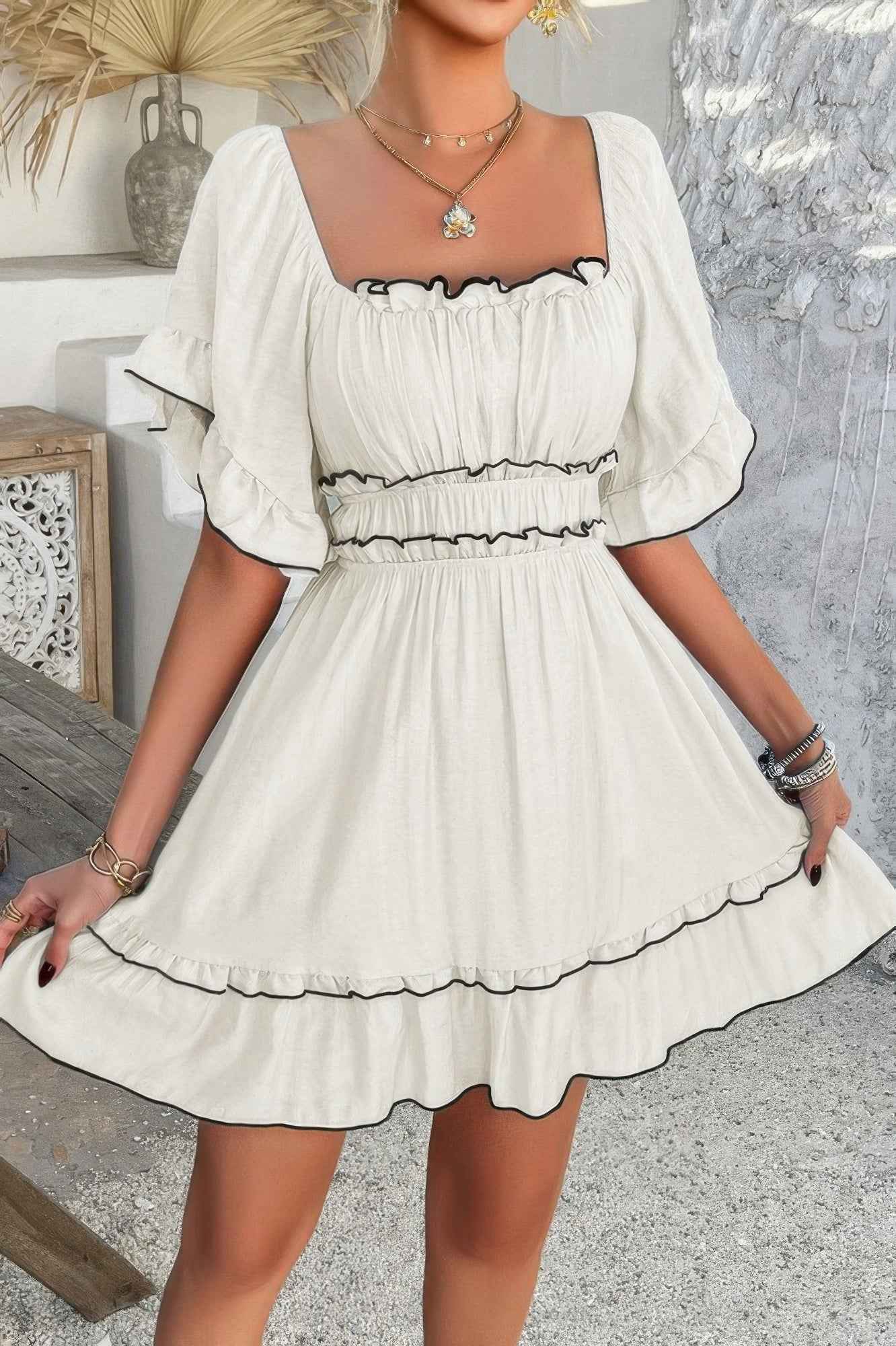 New Arrival – Off Shoulder Square Neck Ruffle Trim Short Dress – New Arrival Now Live