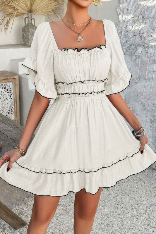 New Arrival – Off Shoulder Square Neck Ruffle Trim Short Dress – New Arrival Now Live