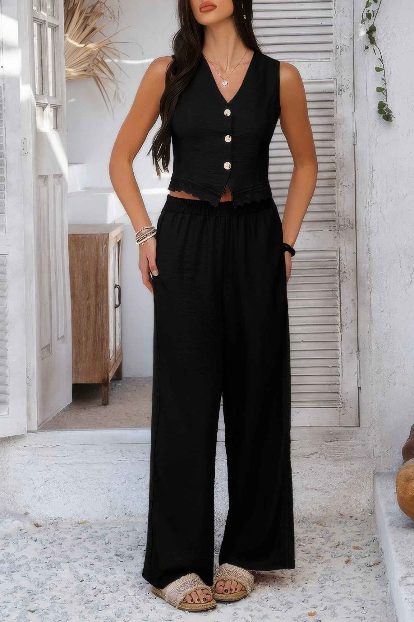 New Arrival – Solid Two Pieces Button Lace Hem Long Sets – New Arrival Now Live