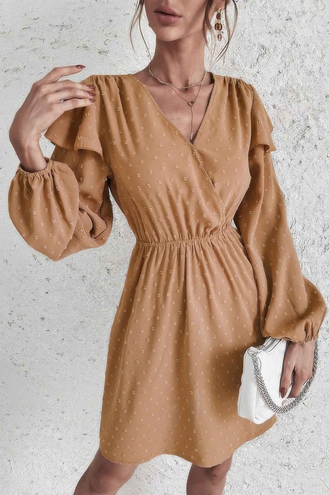New Arrival – Swiss Dot Surplice Neck Ruffle Shoulder Midi Dress – New Arrival Now Live