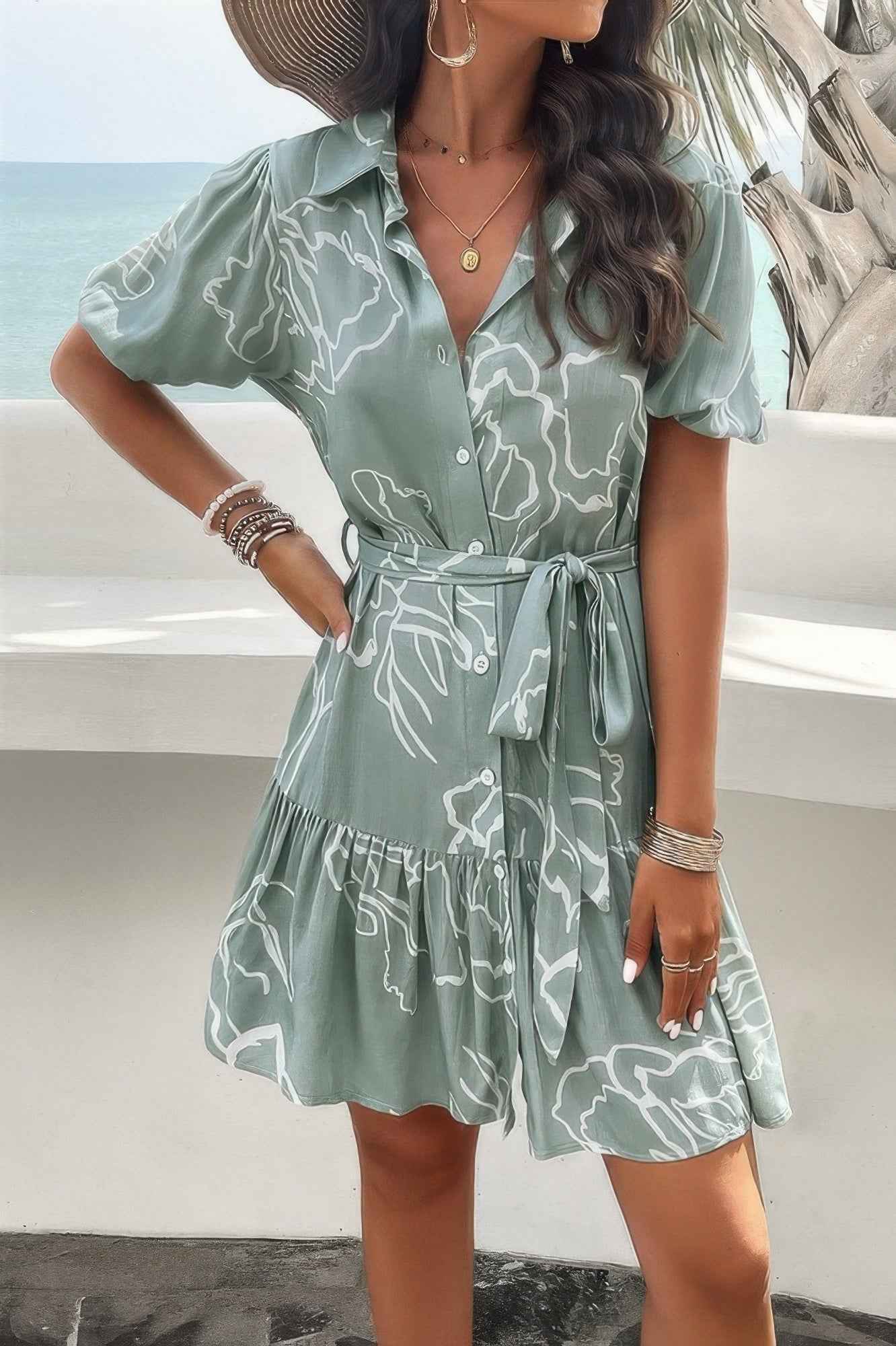 Random Print Button Down Belt Ruffle Midi Dress – New Arrival Now Live