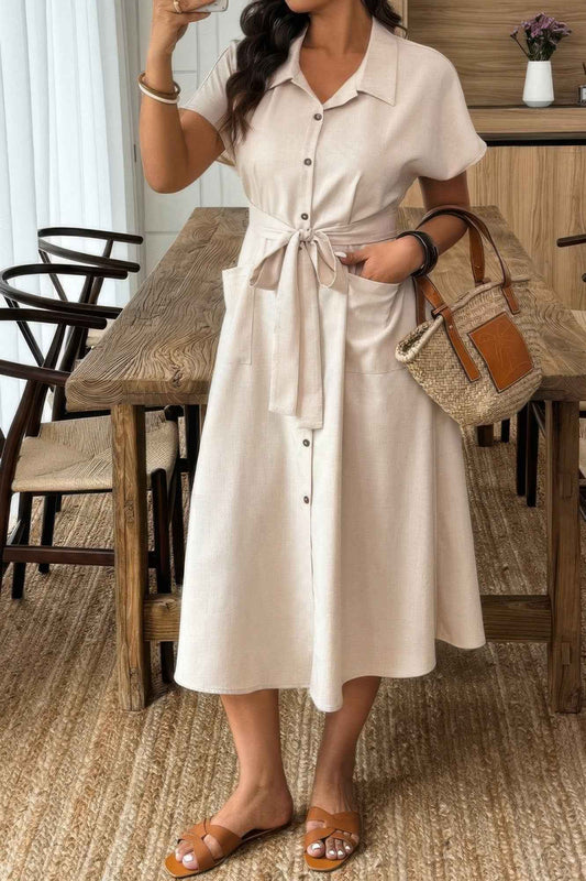 Plus Solid Button Down Straight Belted Shirt Dress