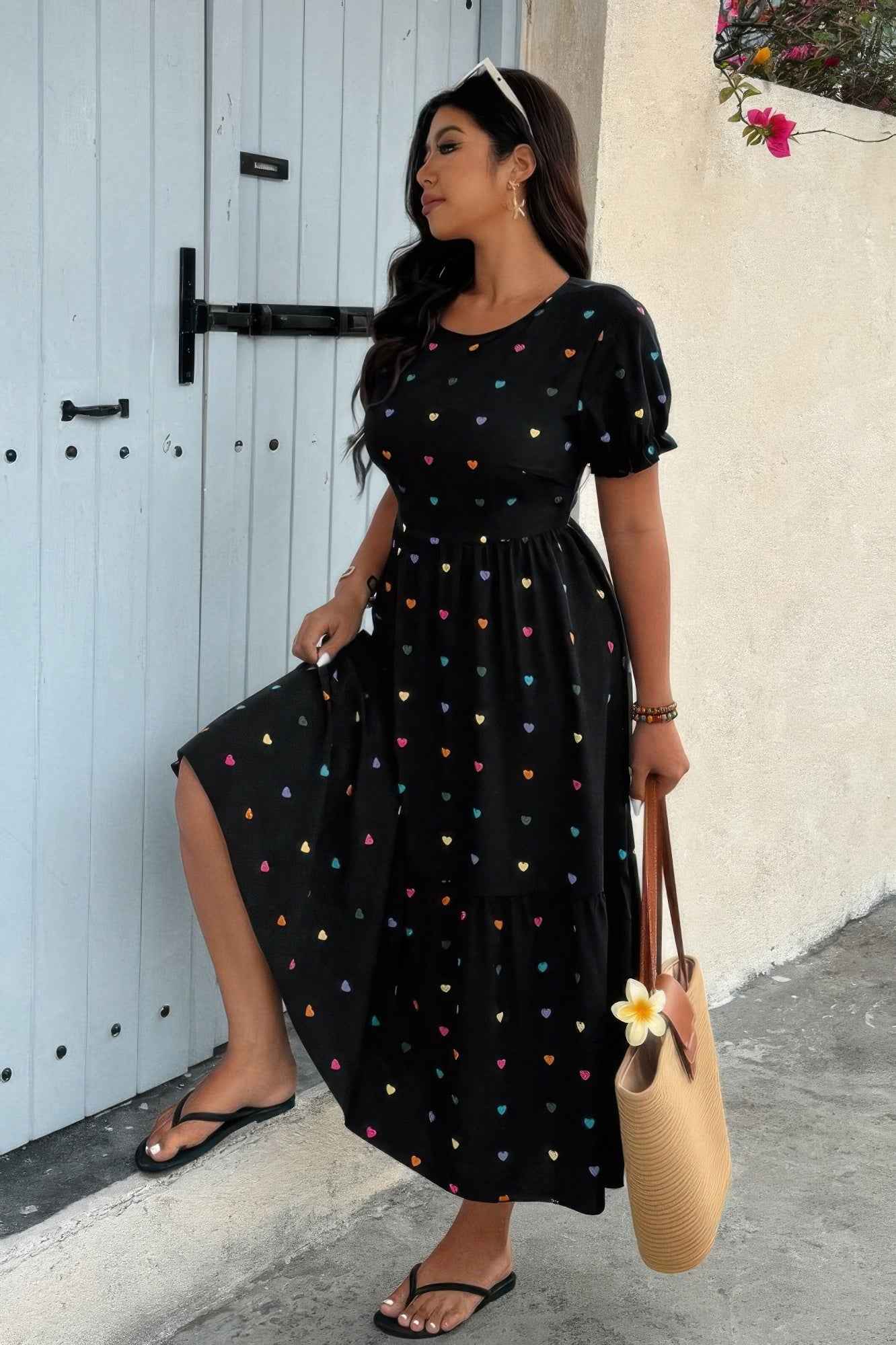 Plus Heart Print Round Neck Ruffle Hem Dress