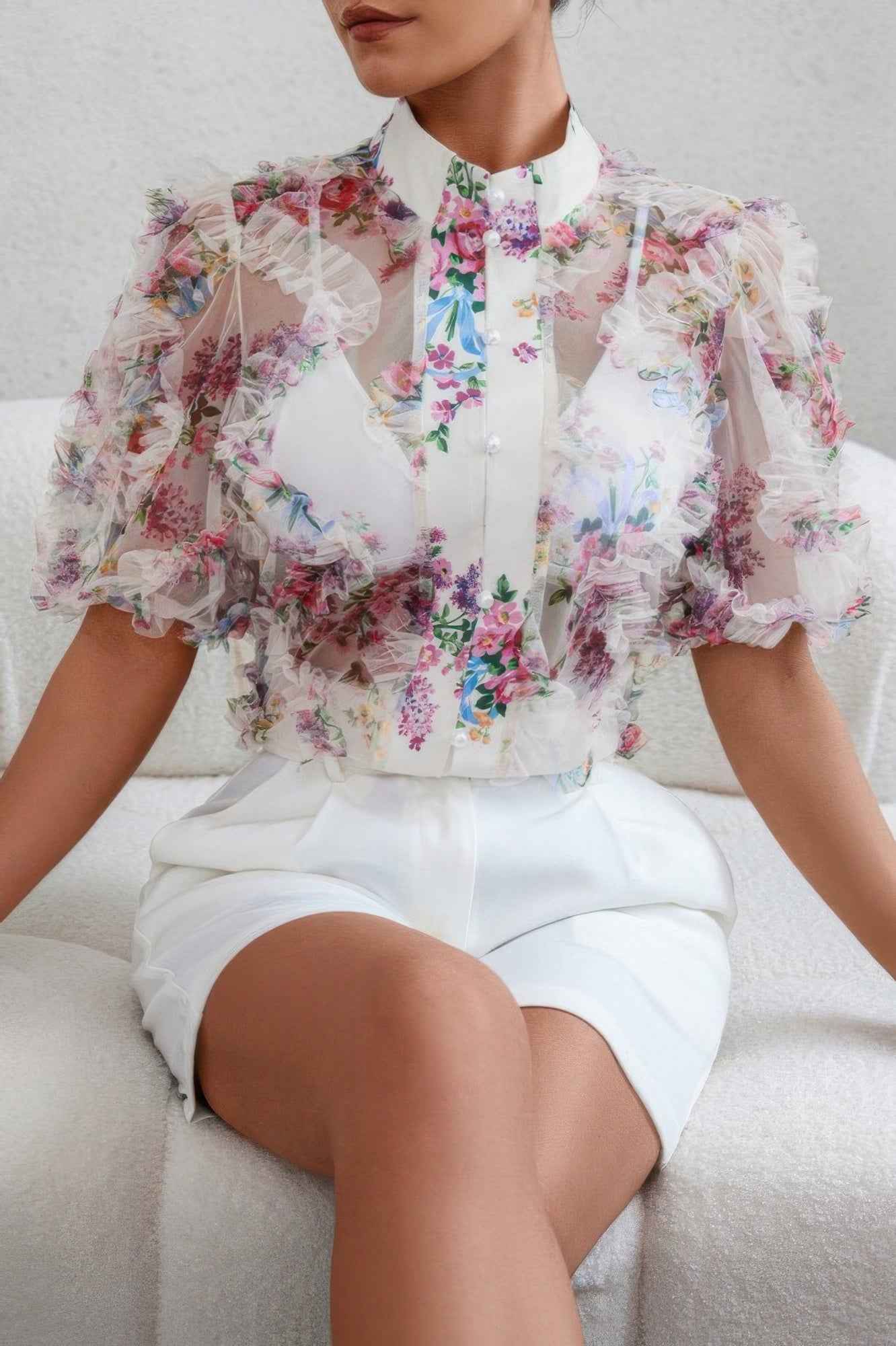 New Arrival – Allover Print See Through Collar Puff Sleeve Shirt – New Arrival Now Live