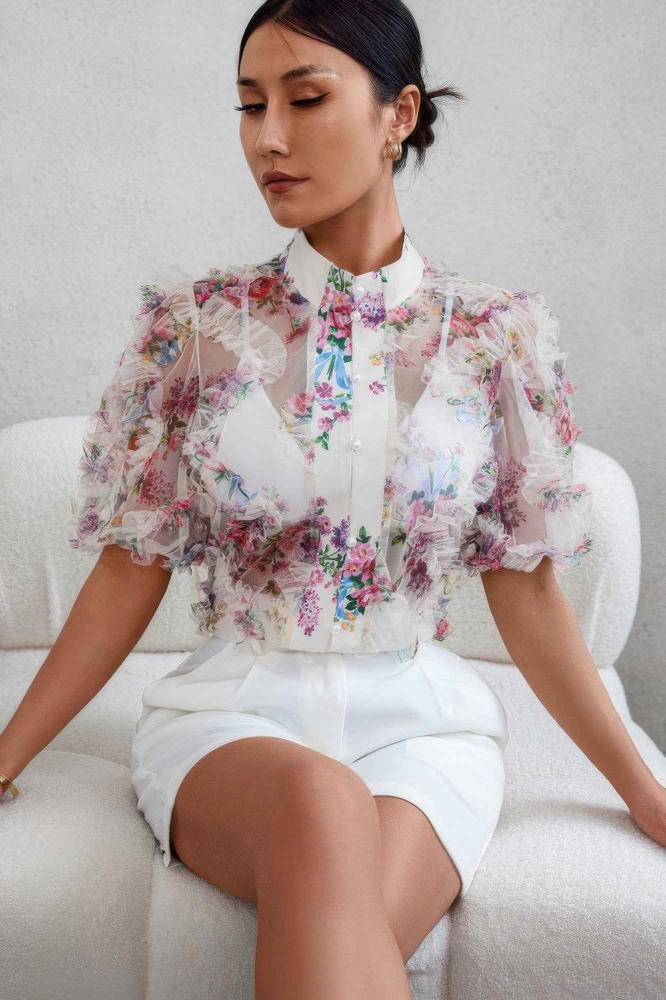 Allover Print See Through Collar Puff Sleeve Shirt – New Arrival Now Live