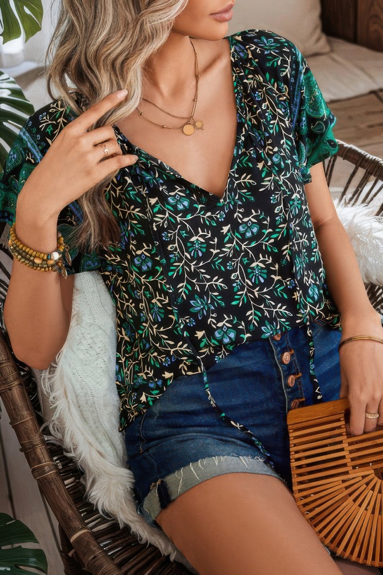 Boho Floral Print V Neck Patchwork Short Sleeve Top – New Arrival Now Live