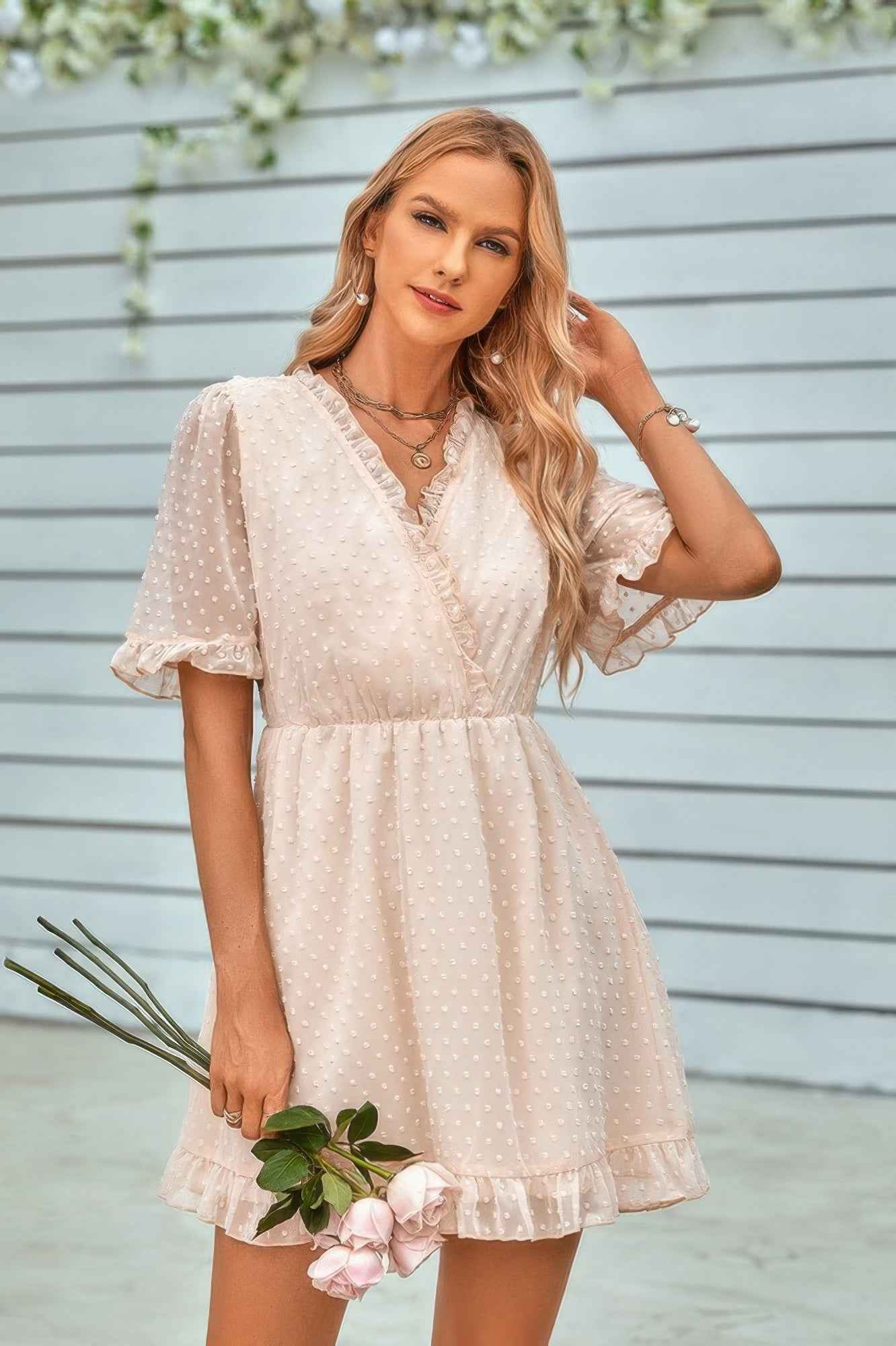 Solid Ruffle Hem Swiss Dot Short Sleeve Midi Dress – New Arrival Now Live