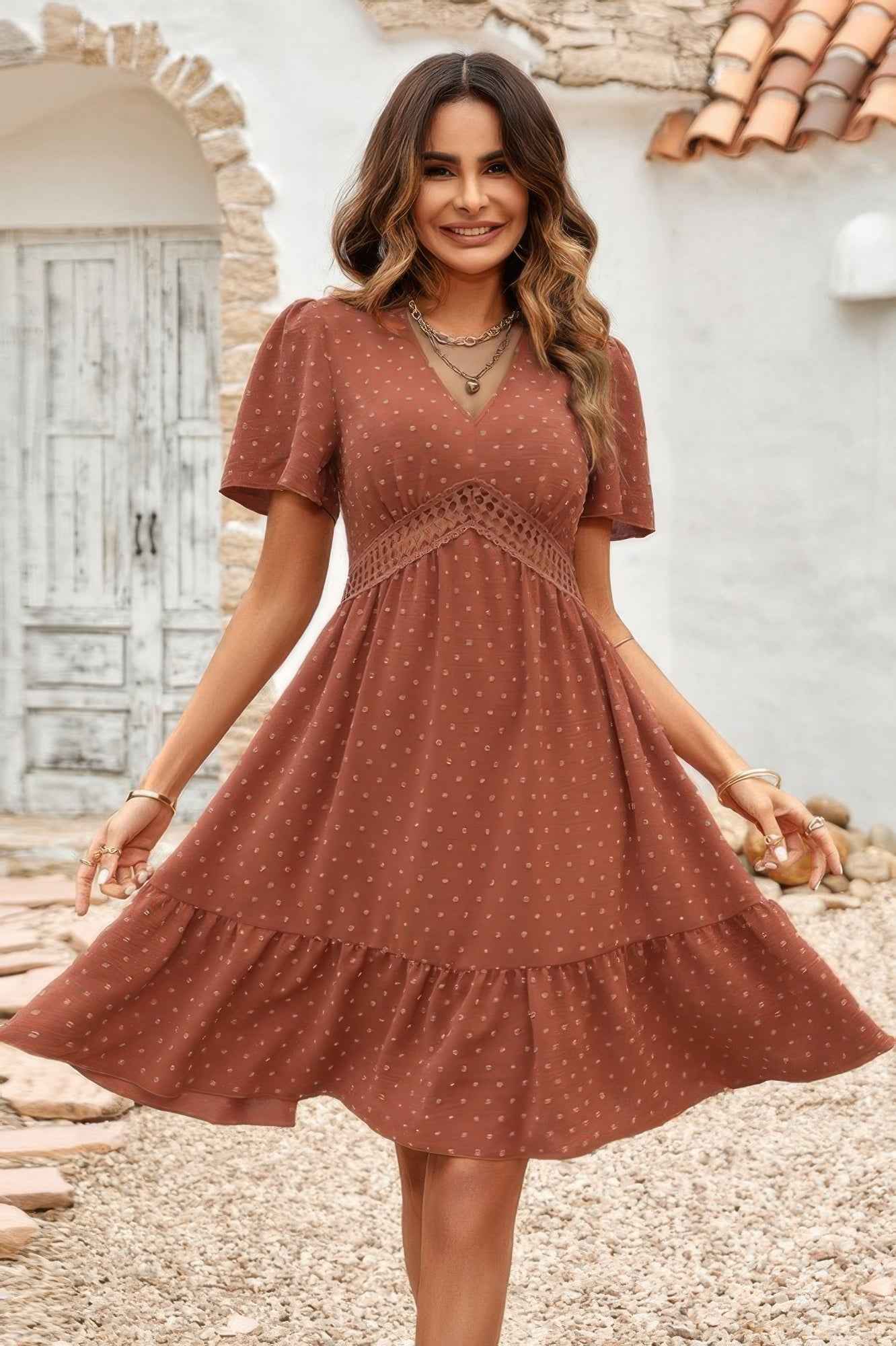 Swiss Dot Cutout Ruffle V Neck Puff Sleeve Dress – New Arrival Now Live