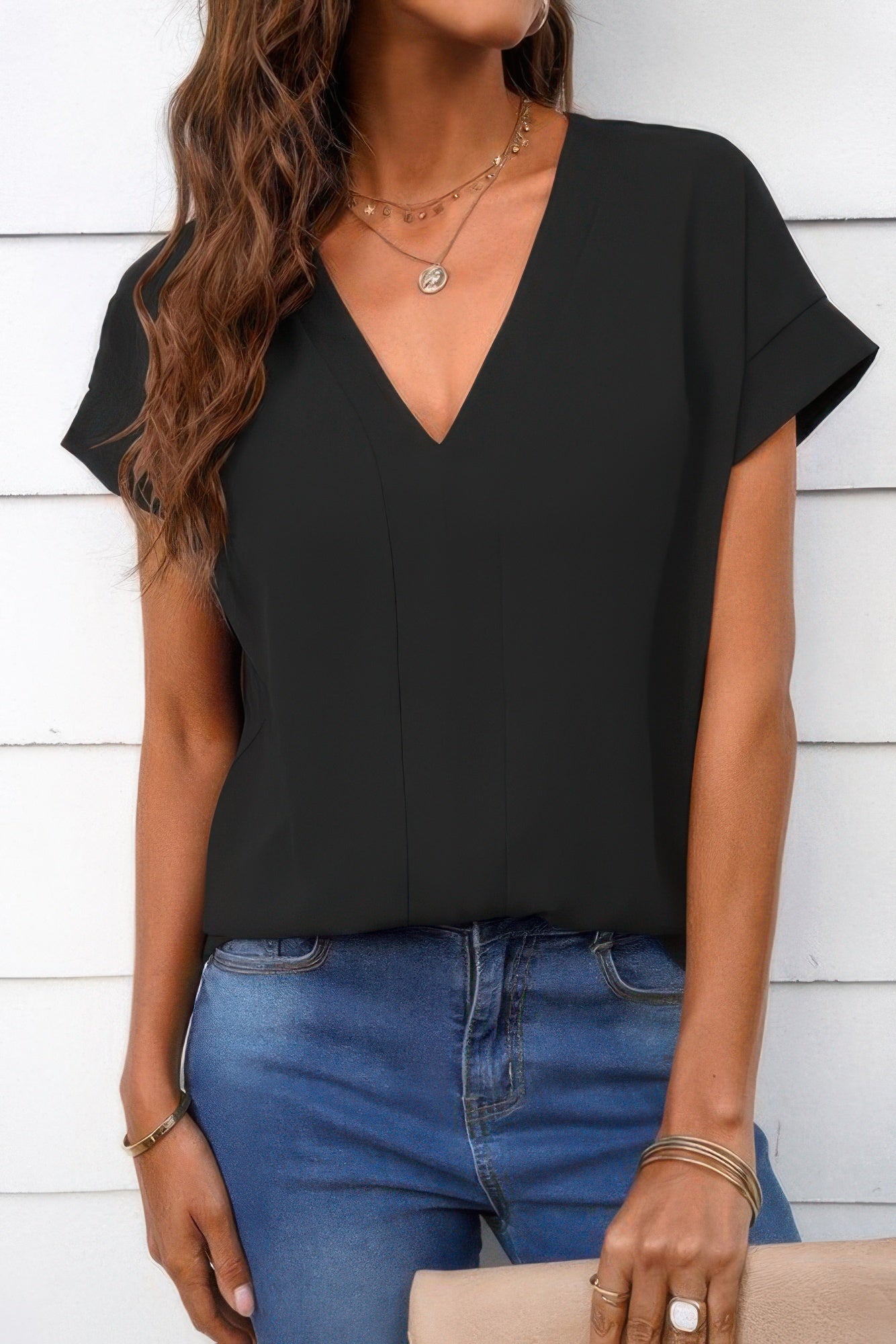New Arrival – Solid V Neck Short Sleeve Loose Fit Shirt – New Arrival Now Live