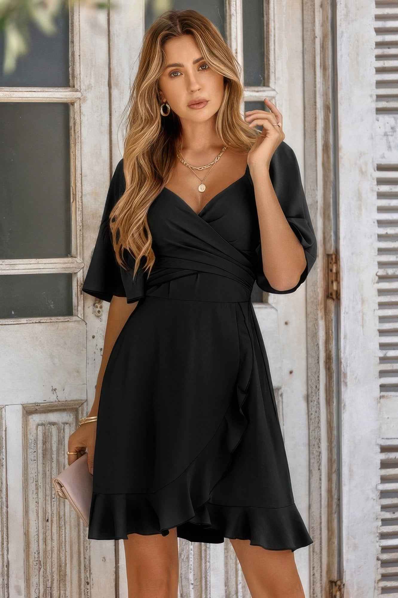New Arrival – V Neck Bell Sleeves Ruffle Elastic Waist Wrap Dress – New Arrival Now Live