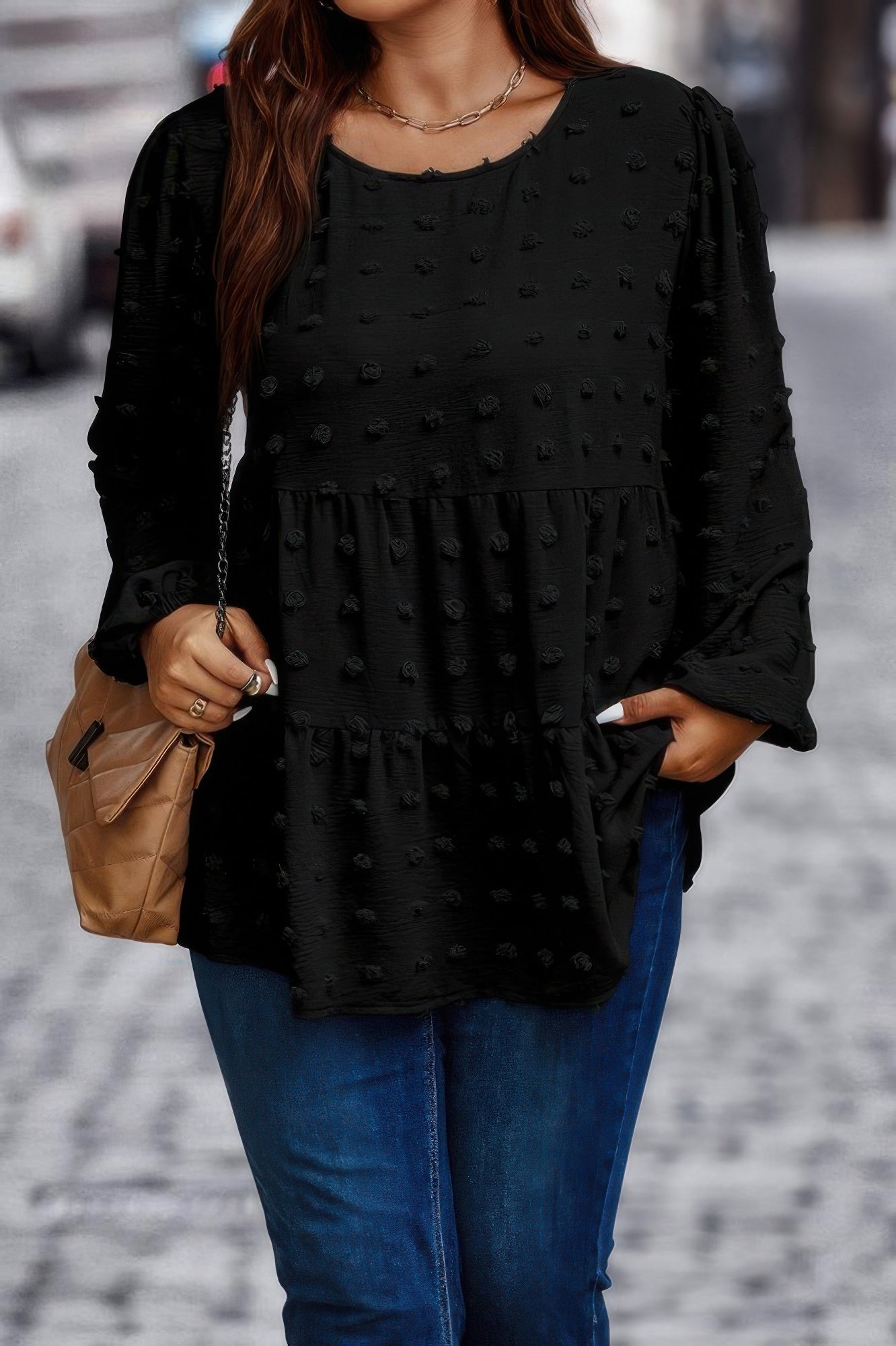 New Arrival – Plus Swiss Dot Round Neck Ruffle Hem Blouse – New Arrival Now Live