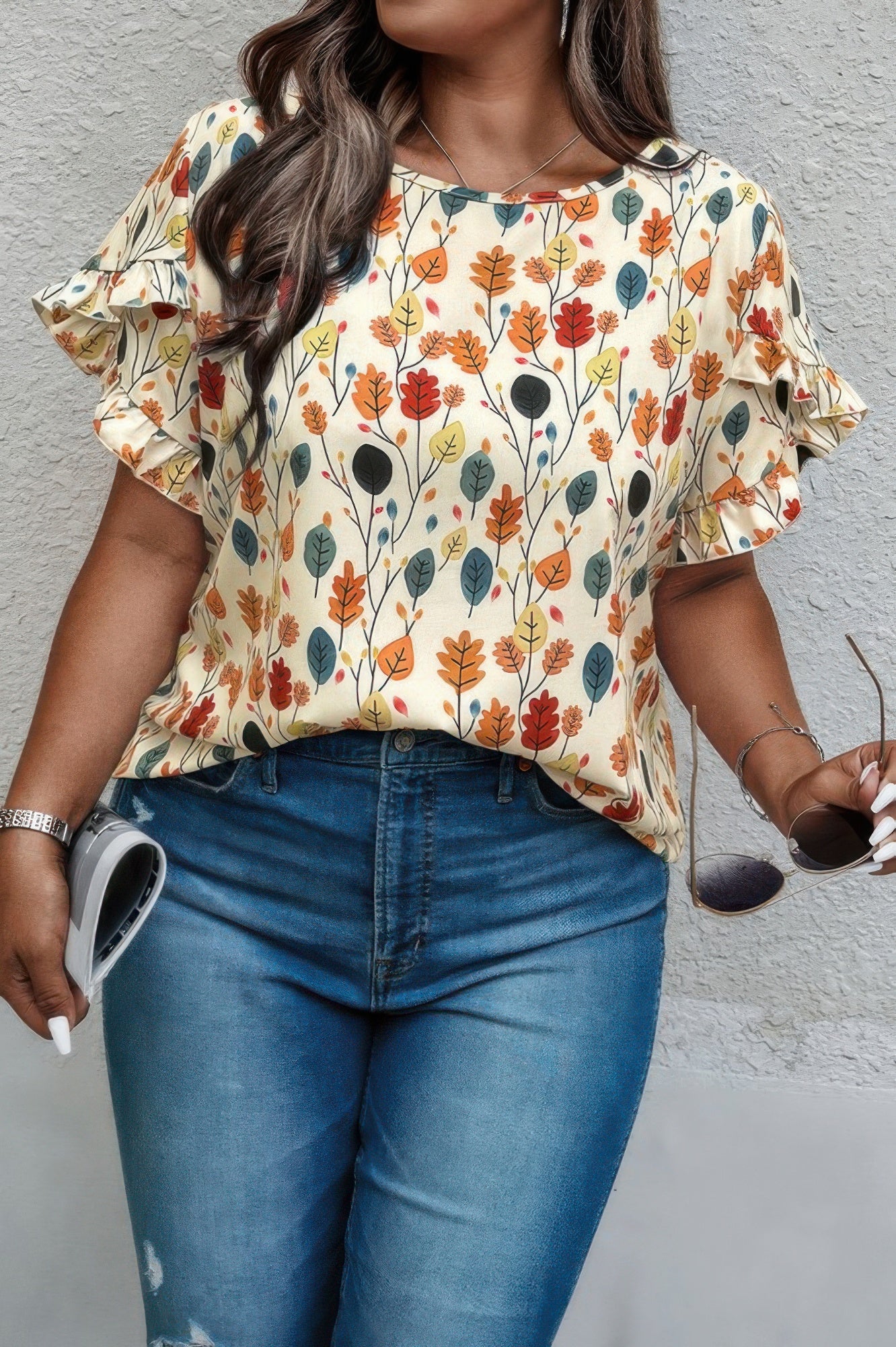 New Arrival – Plus Round Neck Floral Flounce Sleeve Loose Shirt – New Arrival Now Live