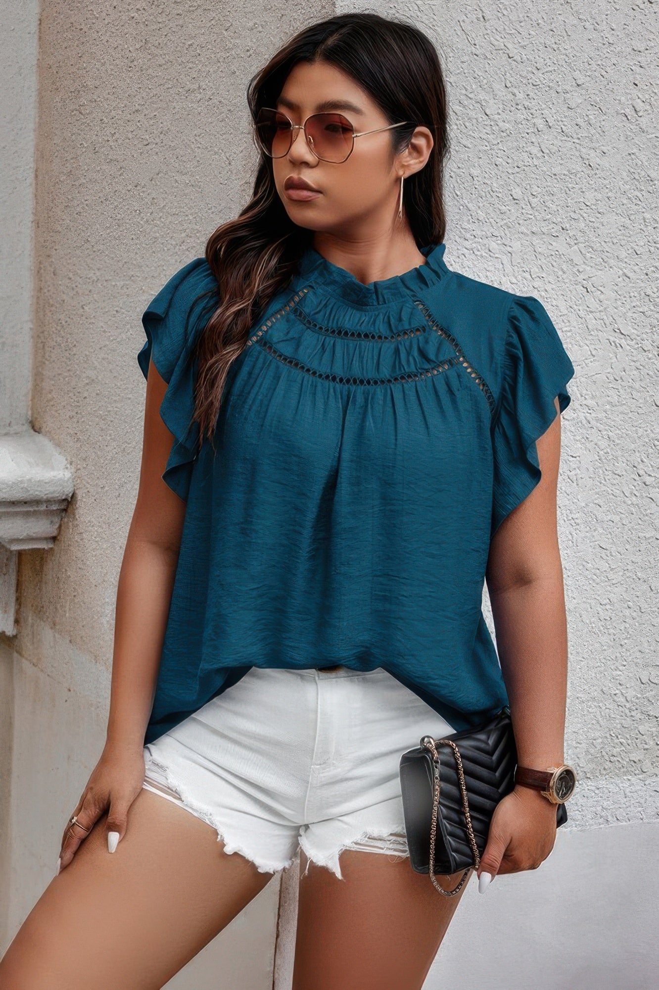 New Arrival – Plus Hollow Out Frill Collar Cap Sleeves Shirt – New Arrival Now Live