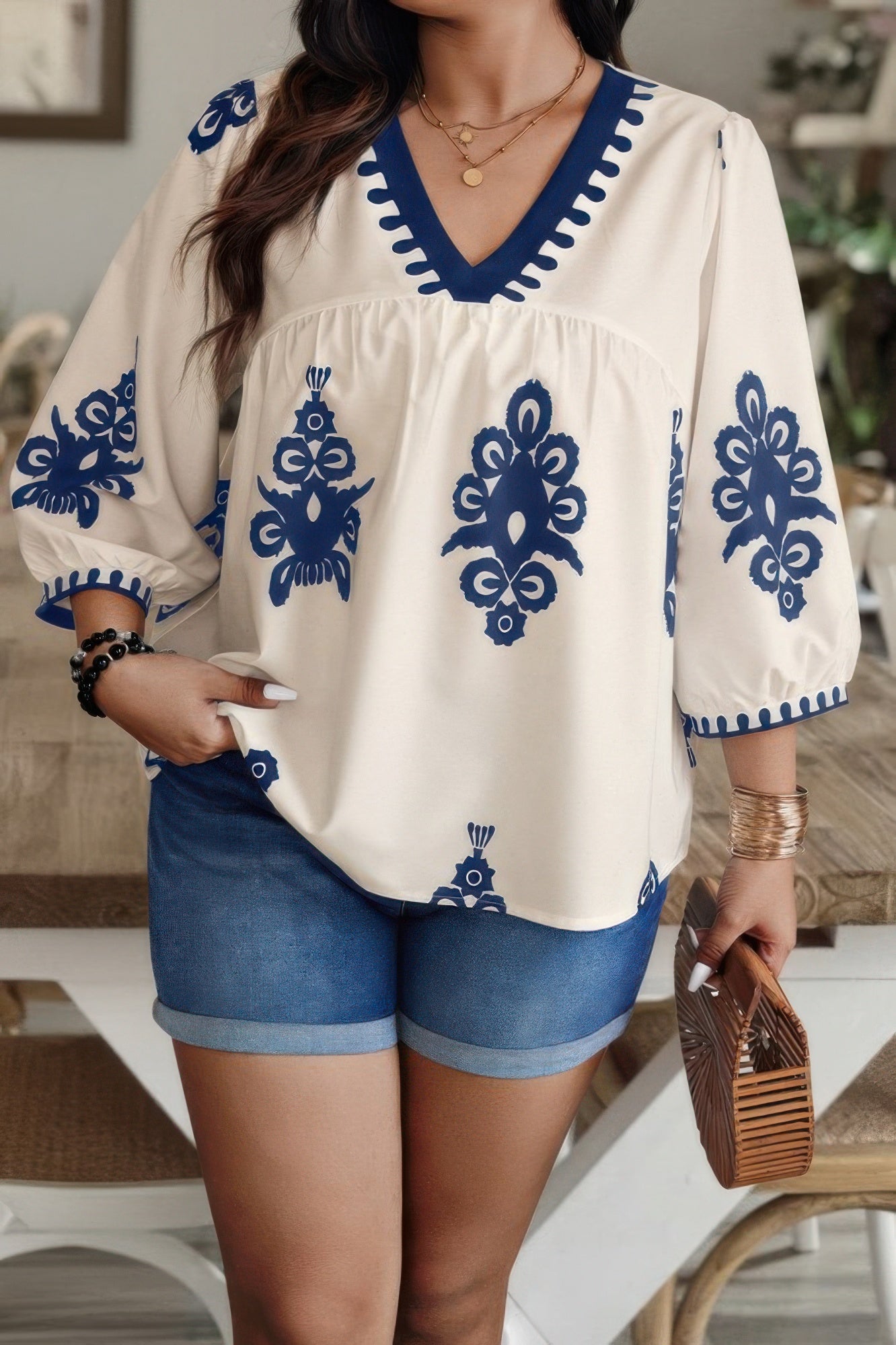 New Arrival – Plus V Neck Geo Print Puff Sleeve Blouse – New Arrival Now Live