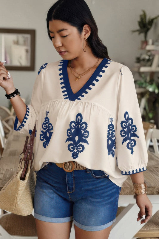 Plus V Neck Geo Print Puff Sleeve Blouse – New Arrival Now Live