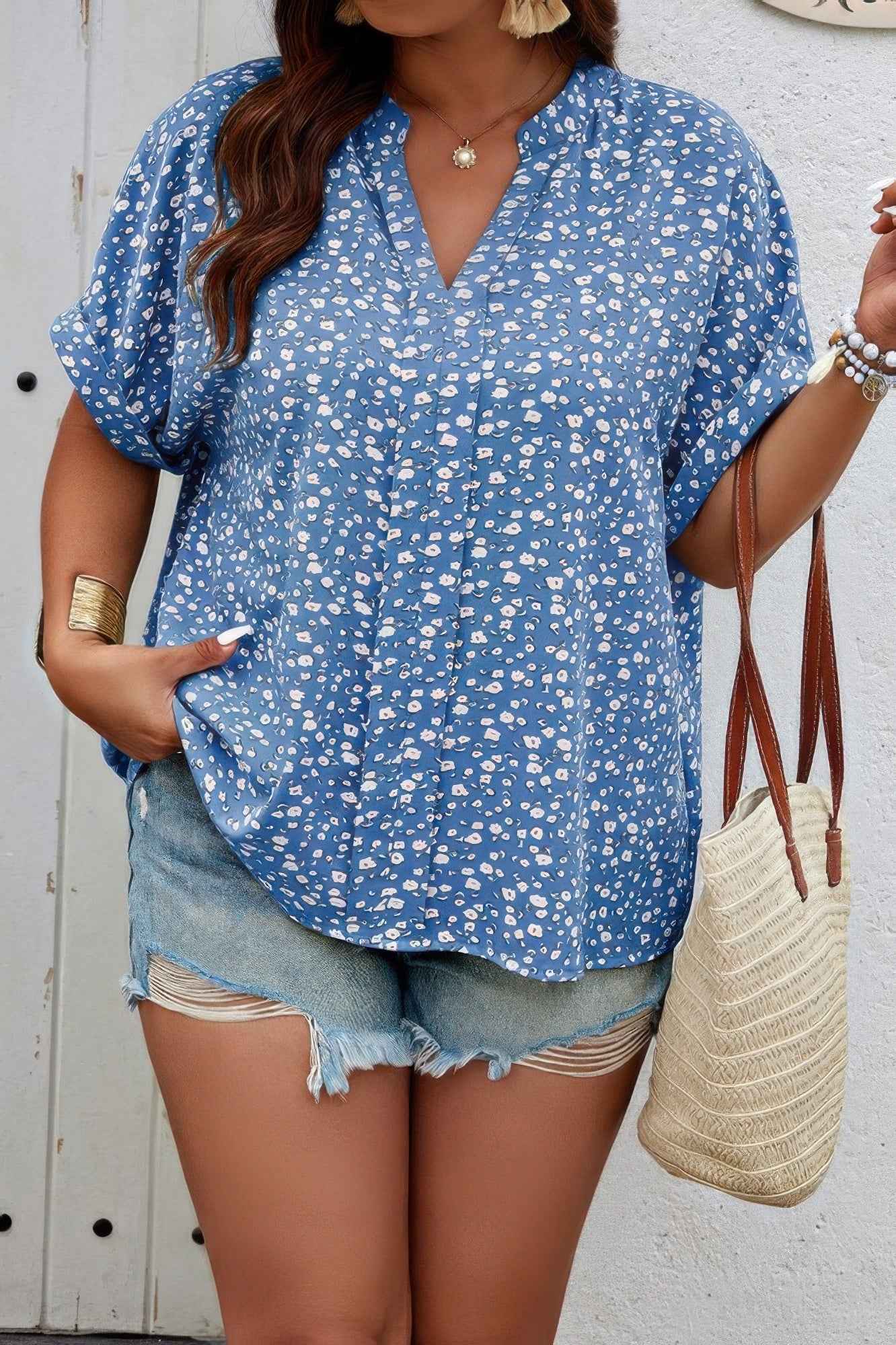New Arrival – Plus Size Floral Print V Neck Short Sleeve Blouse – New Arrival Now Live
