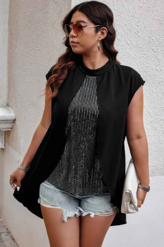 Plus Size Asymmetrical Hem Sparkly Patchwork Shirt – New Arrival Now Live
