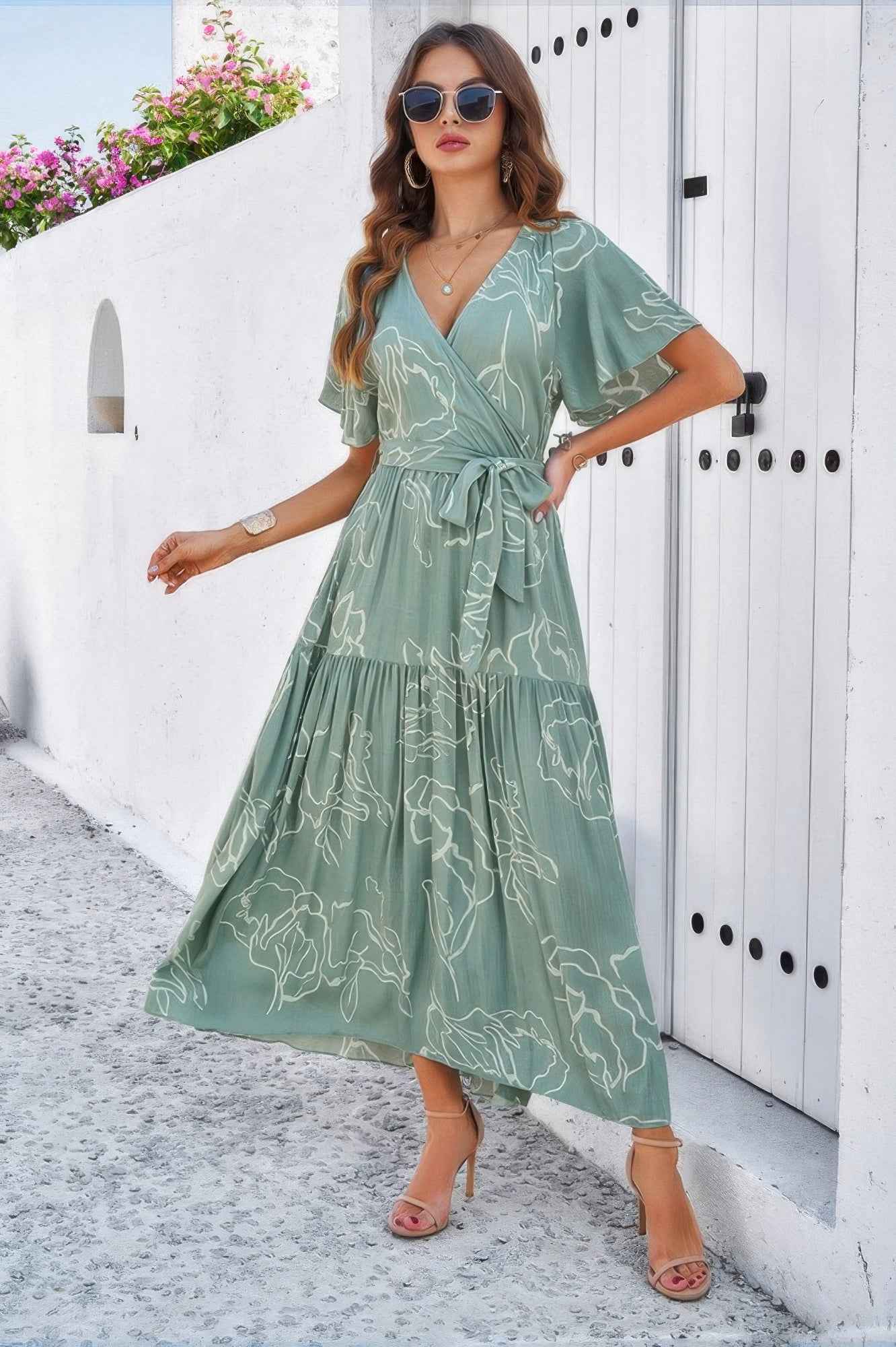 New Arrival – Allover Print V Neck Fit Belt A Line Long Dress – New Arrival Now Live