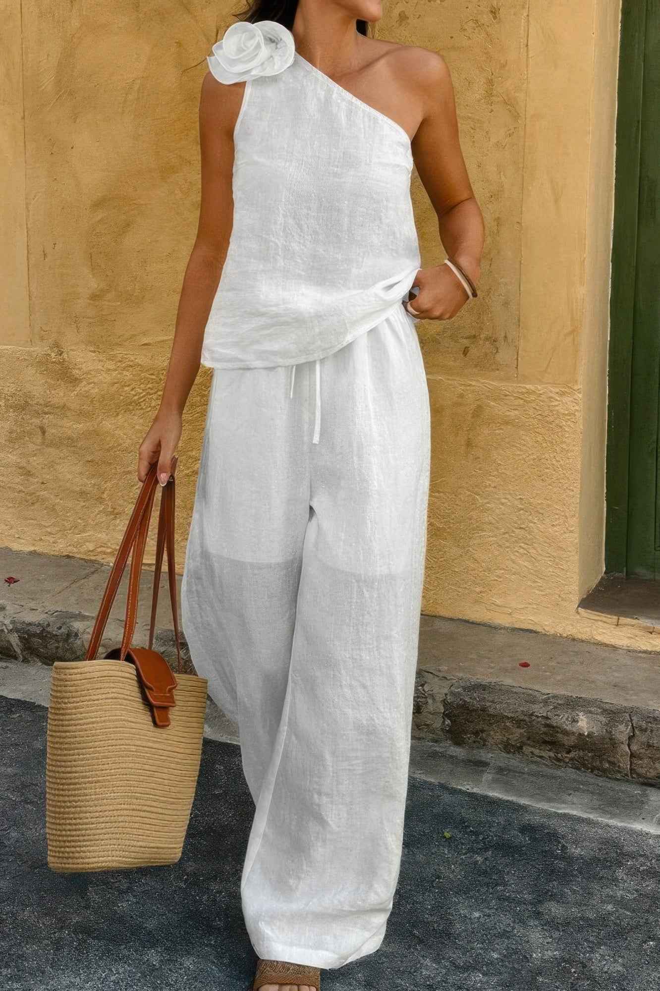 New Arrival – Floral Trim Linen A Tank Top And Pants Set – New Arrival Now Live