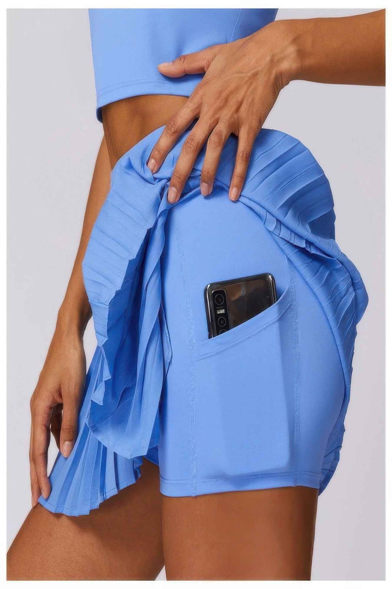 Pleated Solid Wide Waistband Sports Pocket Skirt