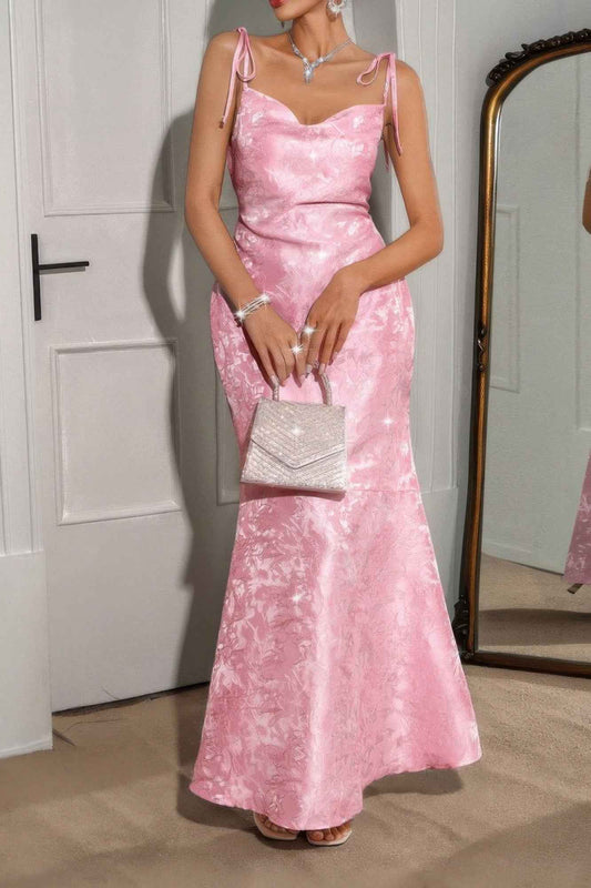 Solid Floral Jacquard Satin Prom Full Dress