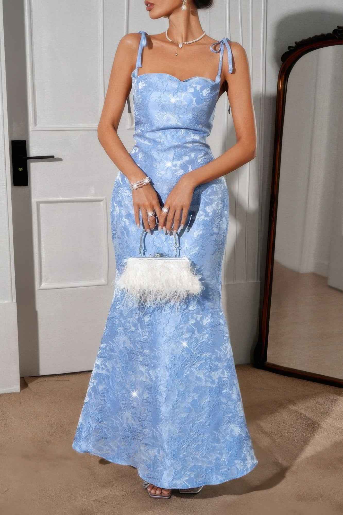 Solid Floral Jacquard Satin Prom Full Dress