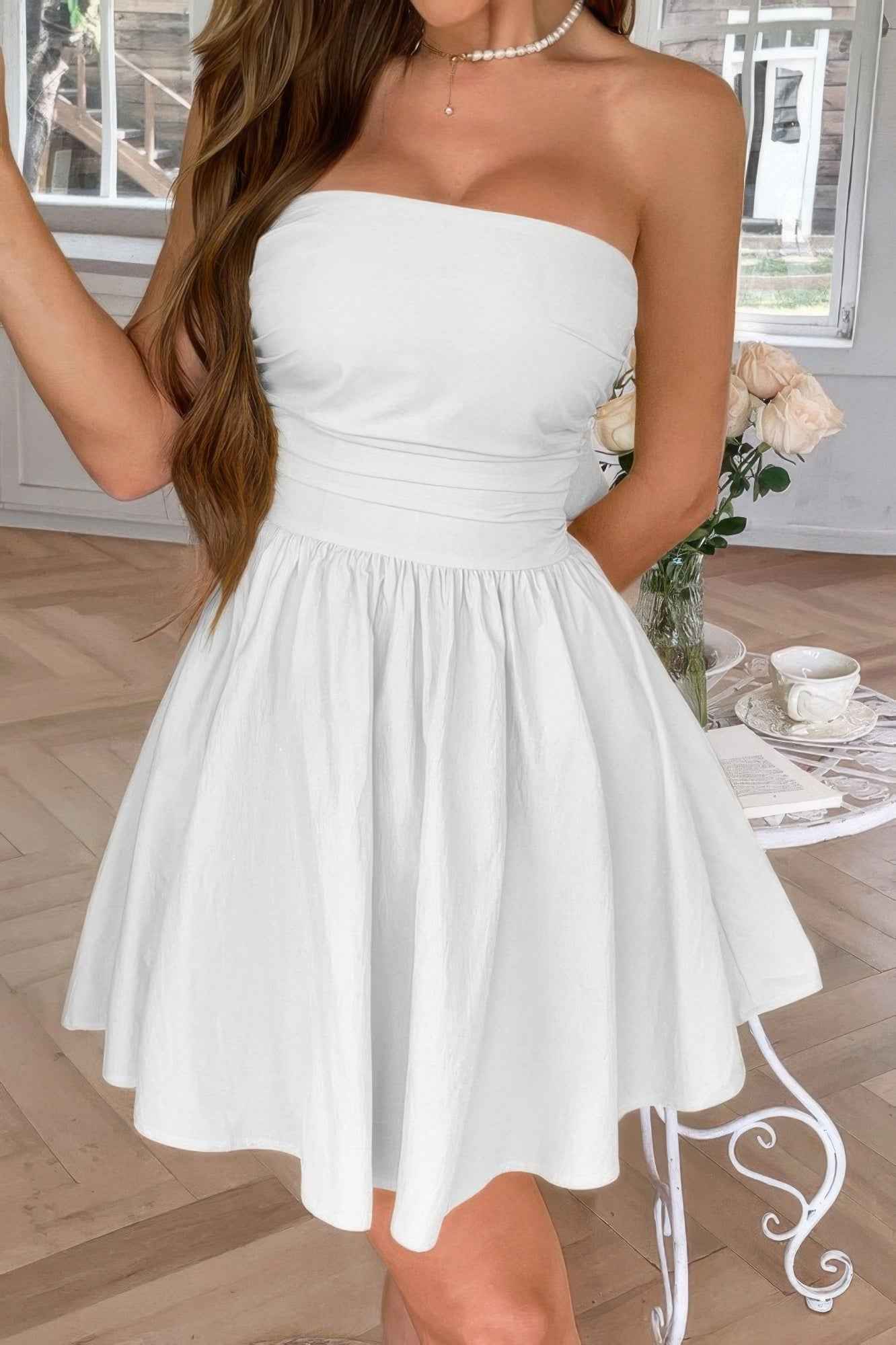 Solid Off Shoulder Tube Elastic Waist Dress