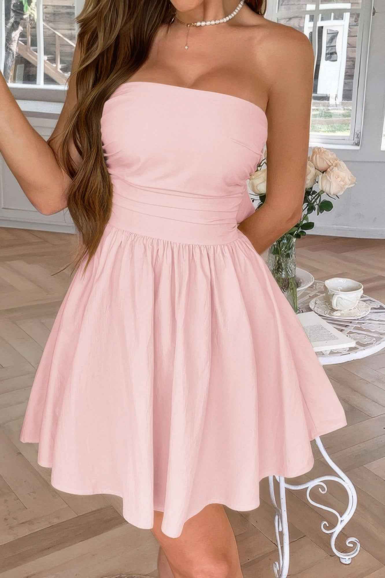 Solid Off Shoulder Tube Elastic Waist Dress
