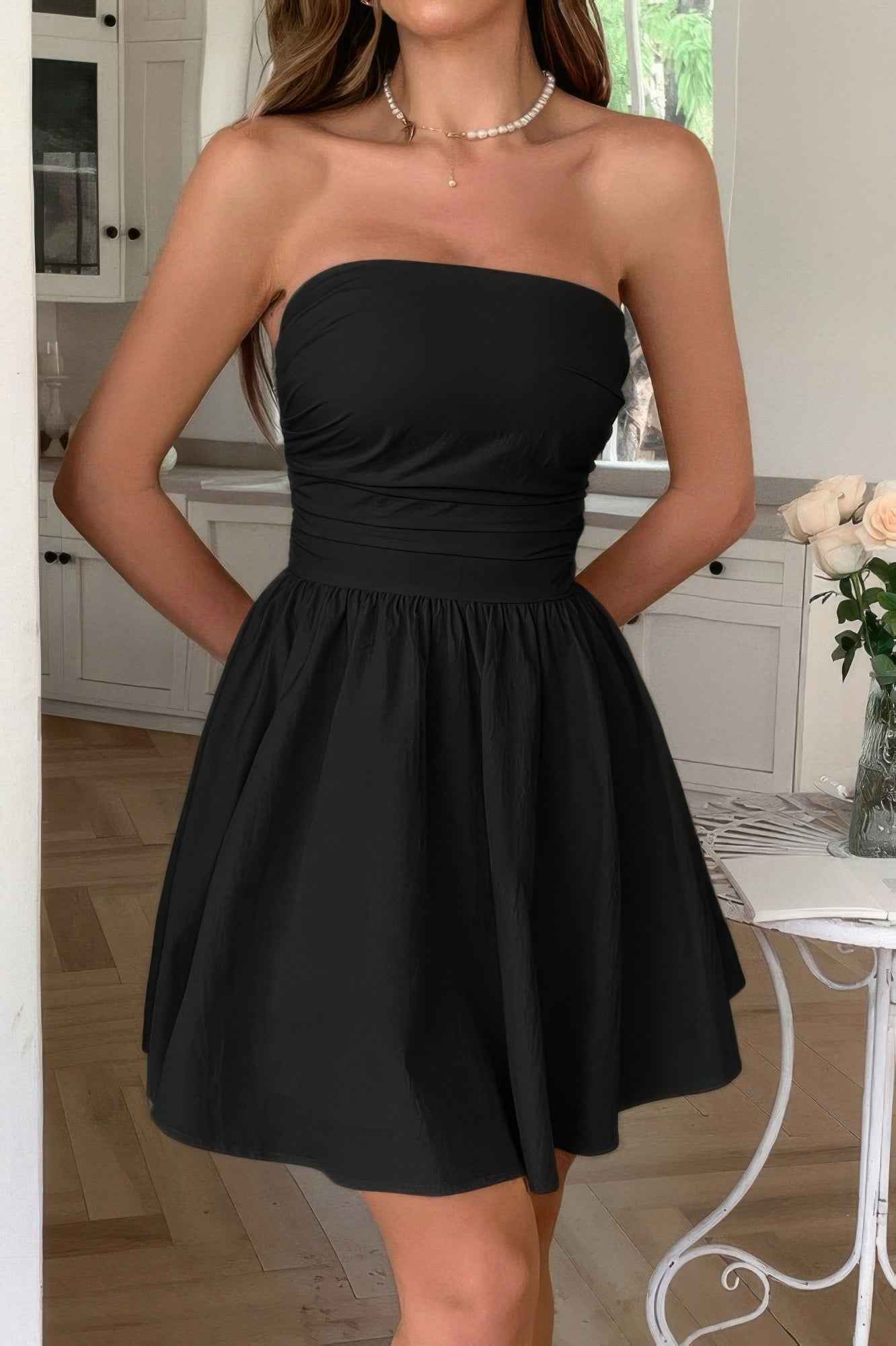 Solid Off Shoulder Tube Elastic Waist Dress