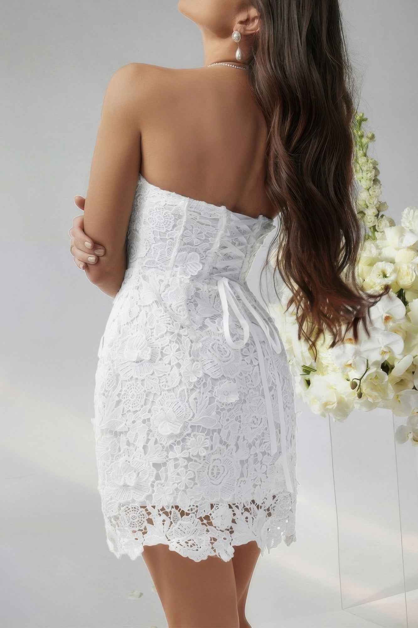 Solid Lace Up Lace Mini Fit Tube Dress