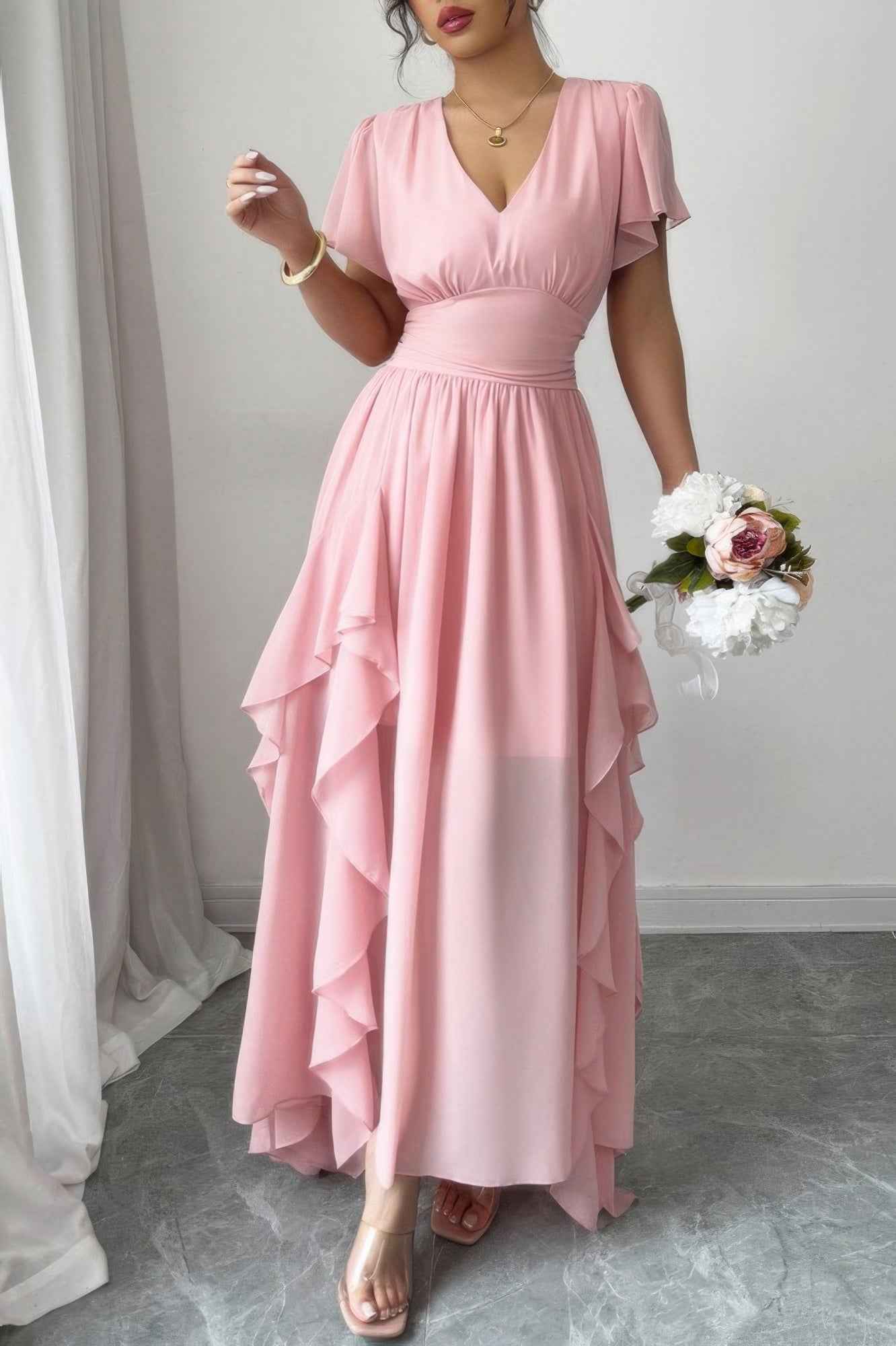 Solid V Neck High Waist Band Ruffle Hem Dress