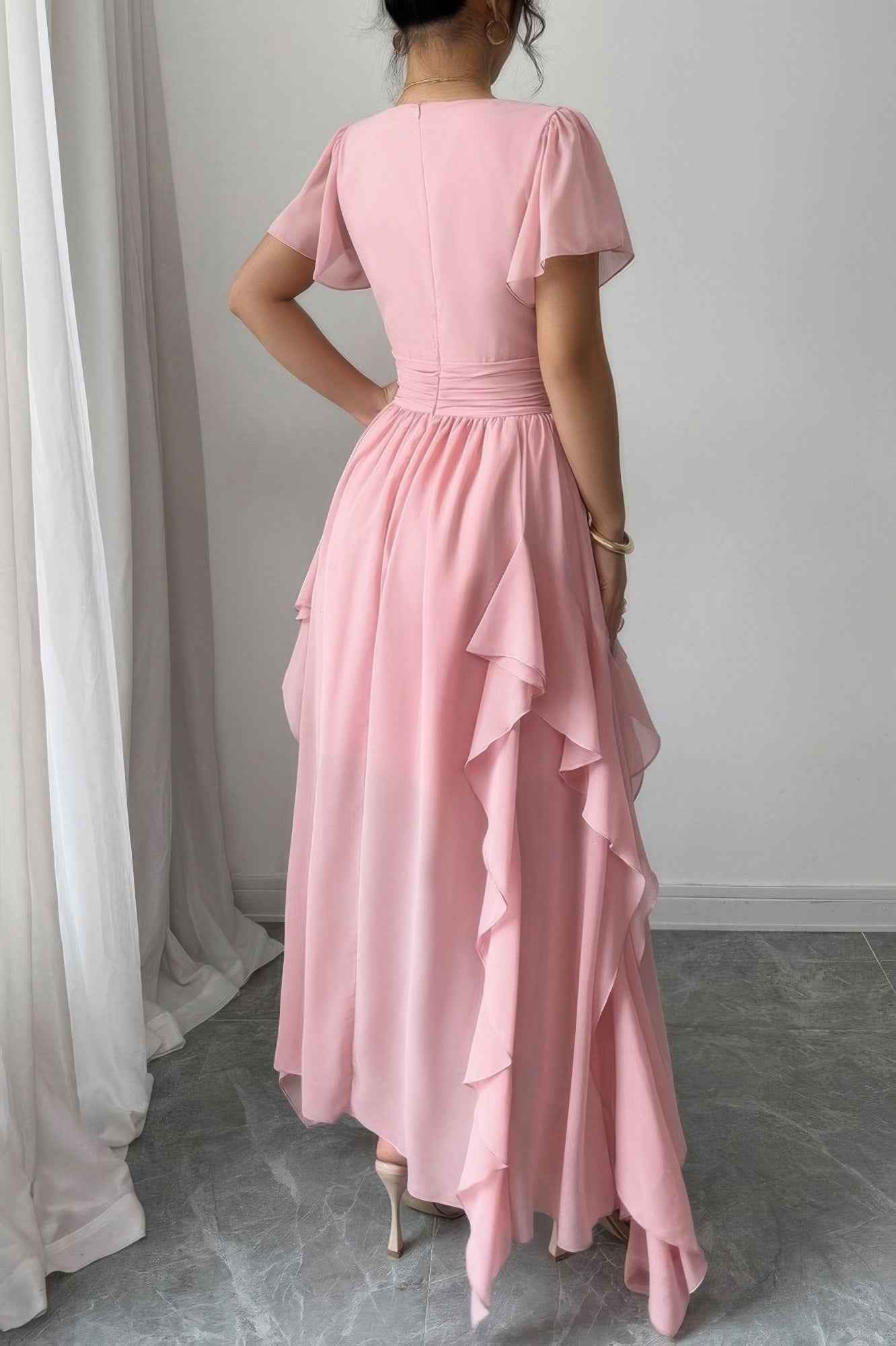 Solid V Neck High Waist Band Ruffle Hem Dress